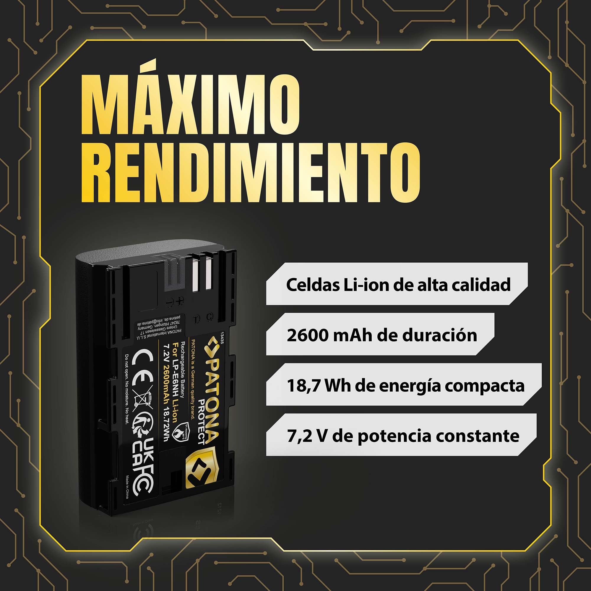 PATONA 2X Protect Batería LP-E6NH 2600mAh – Repuesto para Canon LP-E6 LP-E6N LP-E6NH – Compatible con EOS R5 R6 R6II R7 5D III/IV 6D 7D 90D – Sensor NTC y Carcasa V1 ignífuga