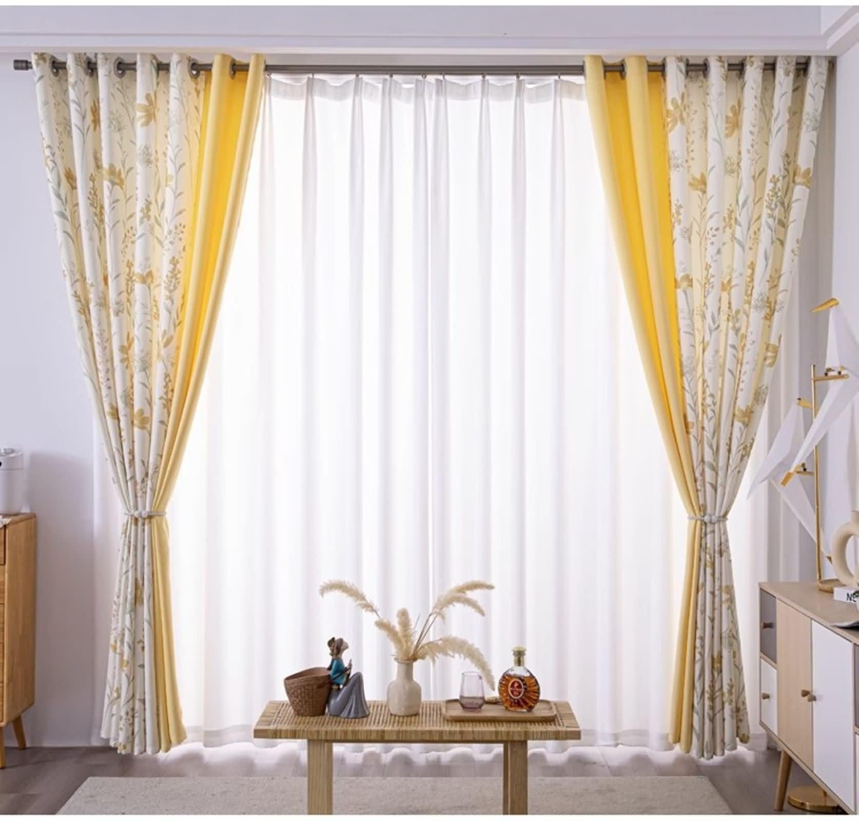 Rideau de Cuisine, Rideaux d'Extérieur Terrasse Beige Blanc Jaune Motif de Fleurs et de Feuilles avec Assemblage Polyester Lot de 2 132W x 214L cm