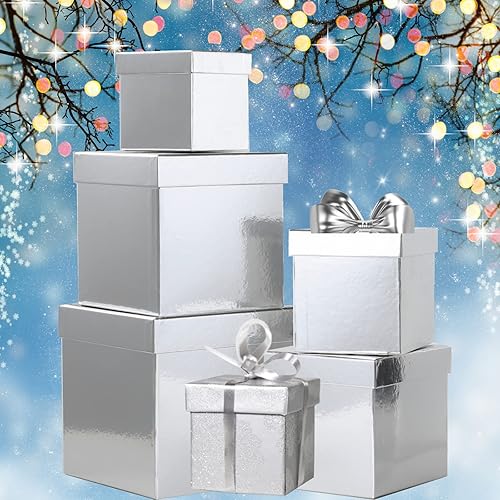 Miniatura 6 de UNIQOOO Juego de 5 cajas de regalo de Navidad de plata metálica con tapa, tamaño surtido, caja de regalo de tarjeta de recuerdo de boda, caja de
