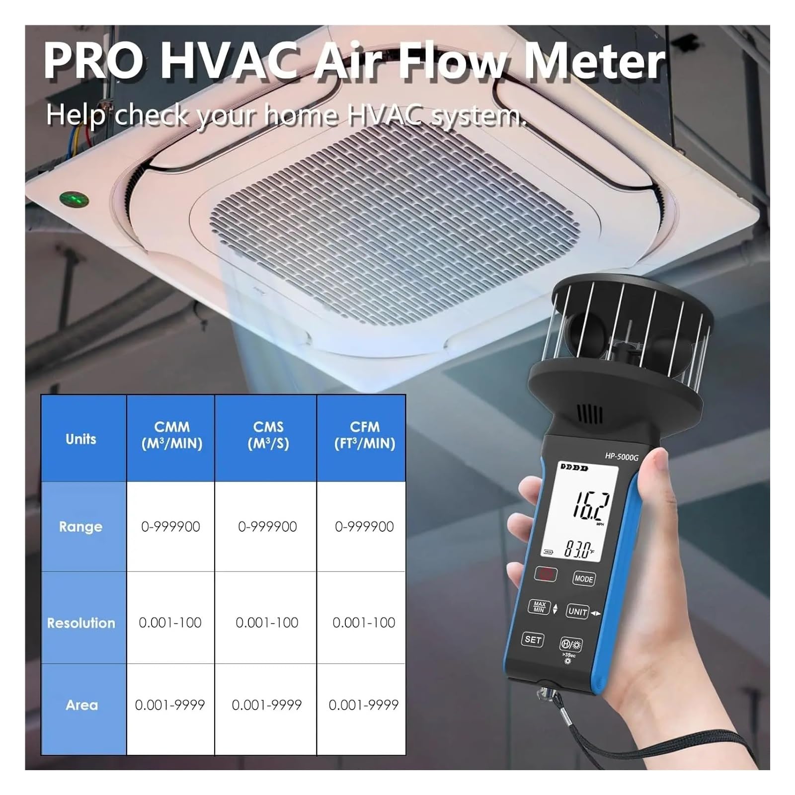 Anemómetro Azul Velocidad del Viento Volumen Aire Medición de Temperatura Luz Fondo multifunción,BT-5000G(Orange)