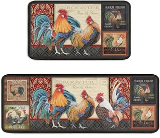 Rooster Kitchen Rug 2 Piece Set, Farmhouse Chicken Kitchen Mat, Home Decor Kitchen Sink Rugs and Mats Non Skid Washable Absorbent Microfiber Kitchen Floor Carpet 17" x 47"+17" x 30"