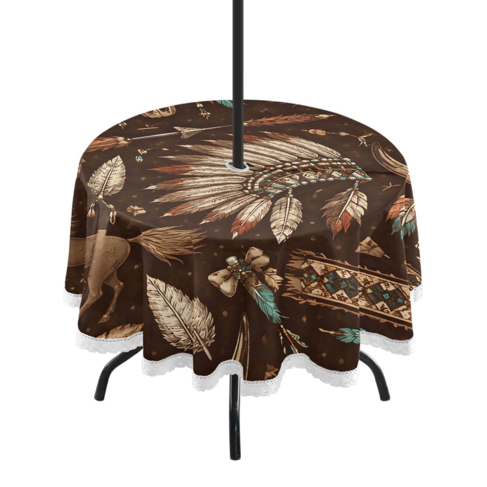 Ttgoth Tribal Western Outdoor Table Cloth 152 cm Water Stain & Resistan Tablecloth Wipeable Table Cover with Parasol Hole & Zipper for Garden Patio Party Picnic