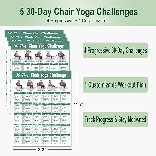 Miniatura 3 de Póster de yoga para personas mayores y principiantes, juego de 5 guías ilustradas y 5 desafíos de 30 días, tablas de ejercicios laminadas suaves