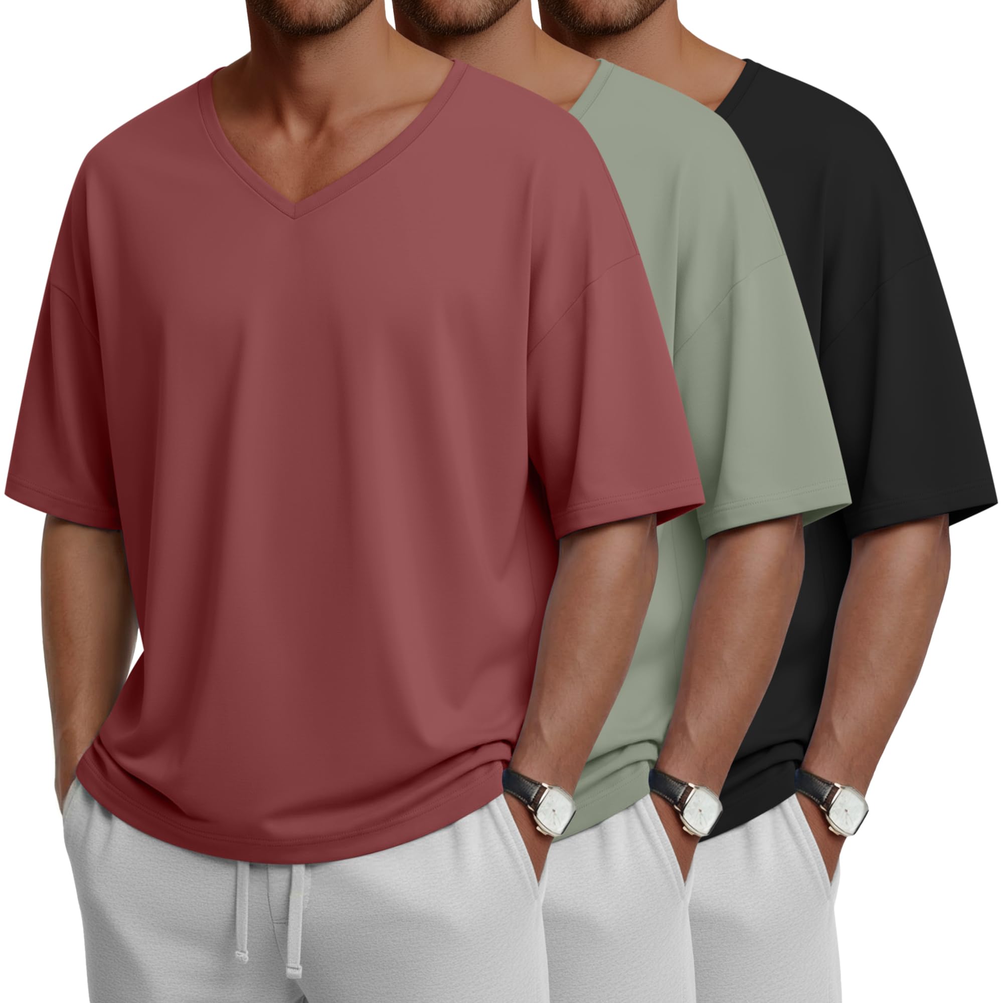 3 Pack Men's T-Shirts Baggy Short Sleeve Shirts Oversized V Neck Summer Basic Tees Loose Fit Casual Workout Tops Black, Light Green, Brick Red Large