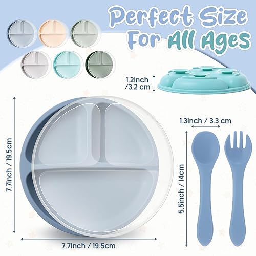 Miniatura 2 de Meanplan Paquete de 6 placas de succión para niños pequeños con tapas, juego de platos de silicona de grado alimenticio, diseño dividido de silicona