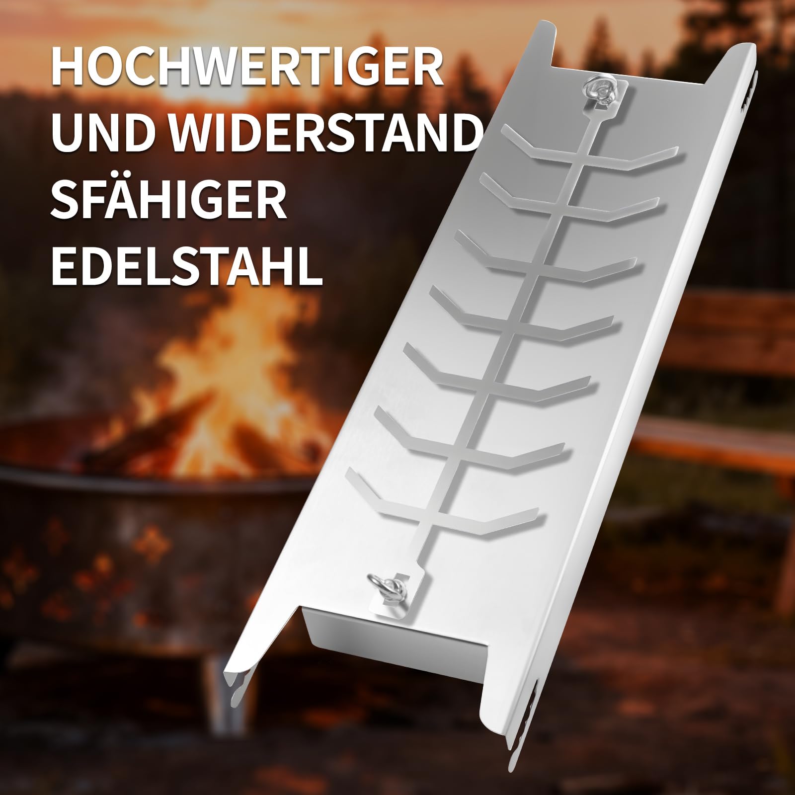 Edelstahl Flammlachshalter, 5 verstellbare Winkel & 180° drehbarer Grill, spülmaschinenfest, für Feuerschalen/Feuertonnen, als Servierplatte & Stövchen für Steak, Huhn, Forelle