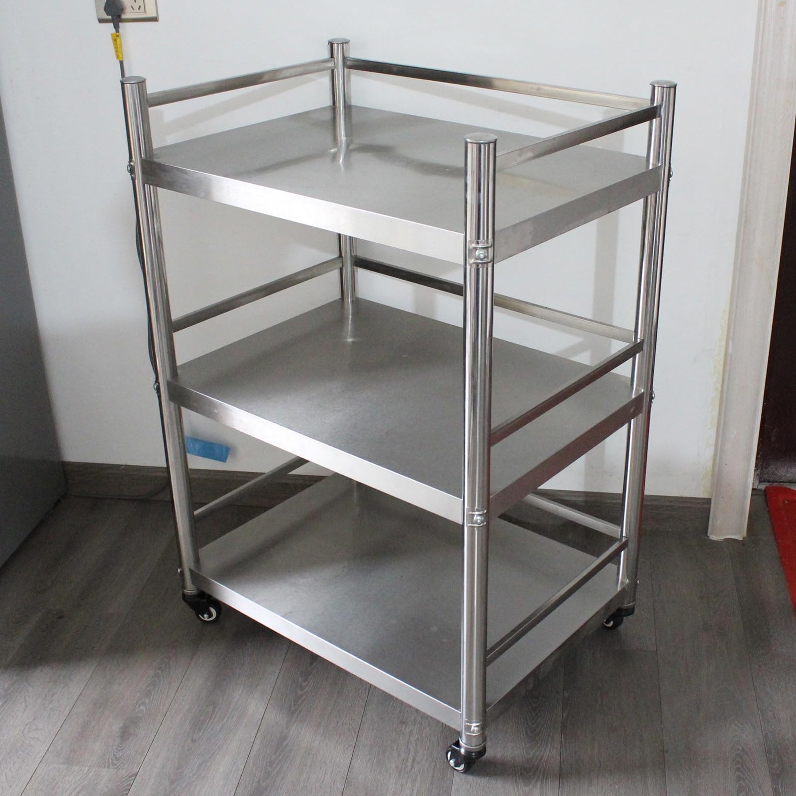 Scaffale da cucina a 3 ripiani in acciaio inox con ringhiera e ruote (70 x 45 x 100 cm)