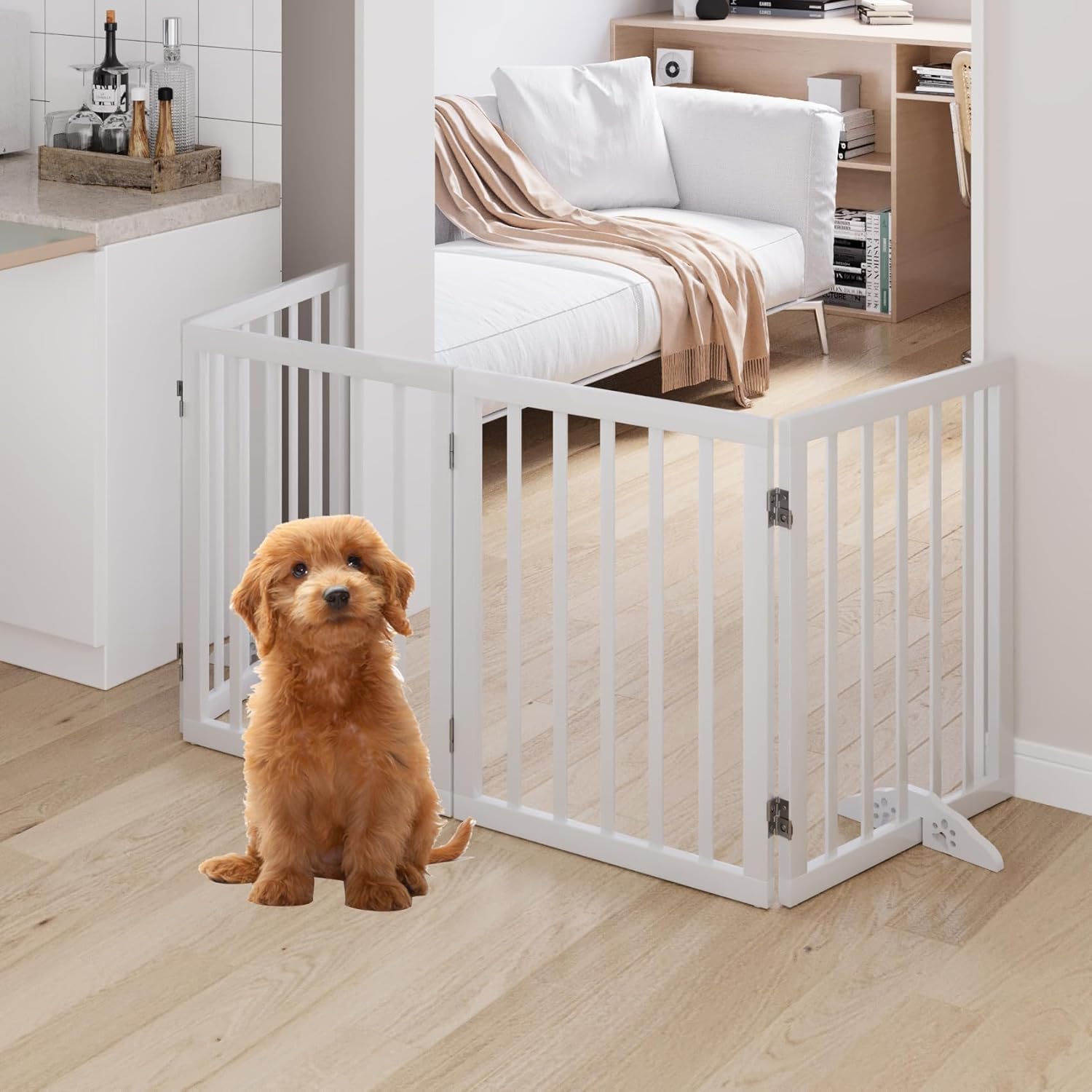 Panel Wooden Pet Gate for Dogs & Cats | Freestanding Foldable Safety Barrier Fence | Indoor Pet Partition for Doorways, Hallways, Stairs & Room Divider | 4 PNL White-image-21