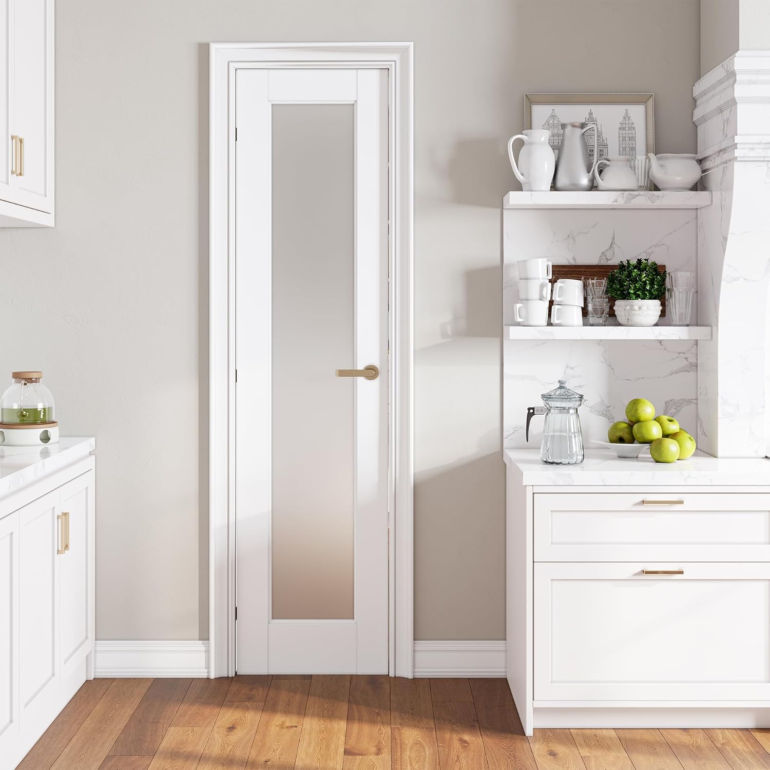 SMARTSTANDARD 20" x 80" French Interior Door, Tempered Frosted Glass Slab Door for Pantry French Pocket, Solid Core Interior Door Without Hardware Kit, White