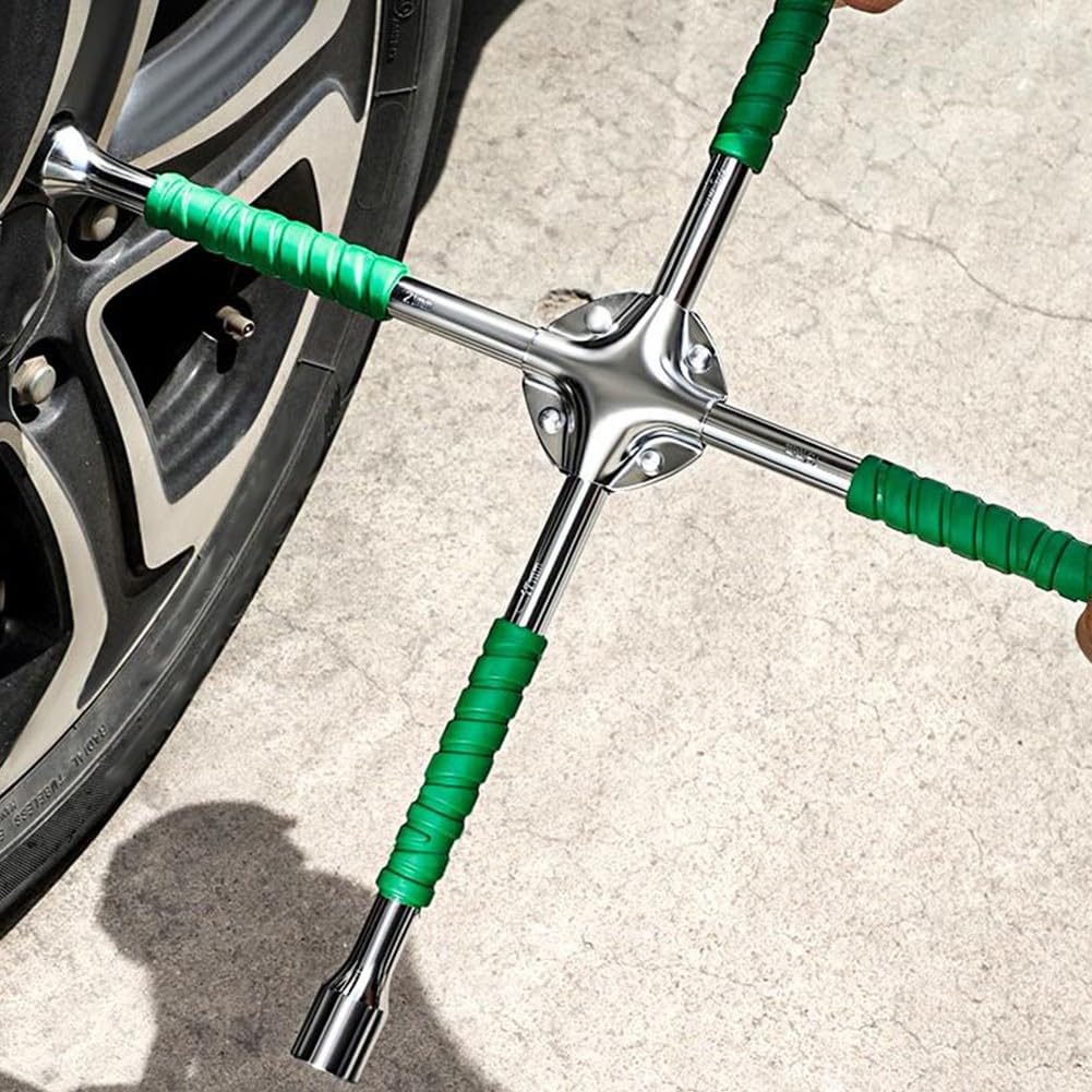 EasyByMall Chiave a bussola a quattro vie da 17 mm, 19 mm, 21 mm, 23 mm, per rimozione dadi delle ruote dell'auto, strumento a croce in acciaio resistente, con manico da 35 cm
