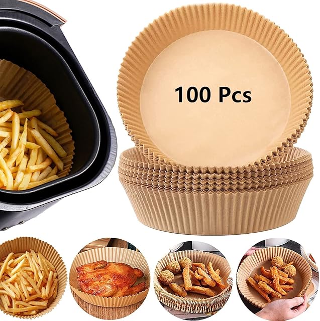 Air Fryer Liners, Disposable Paper Liners 100 PCS, Non-Stick Cooking Parchment Baking Paper for Air Fryer Oil Proof and Waterproof( 6.3Inch)