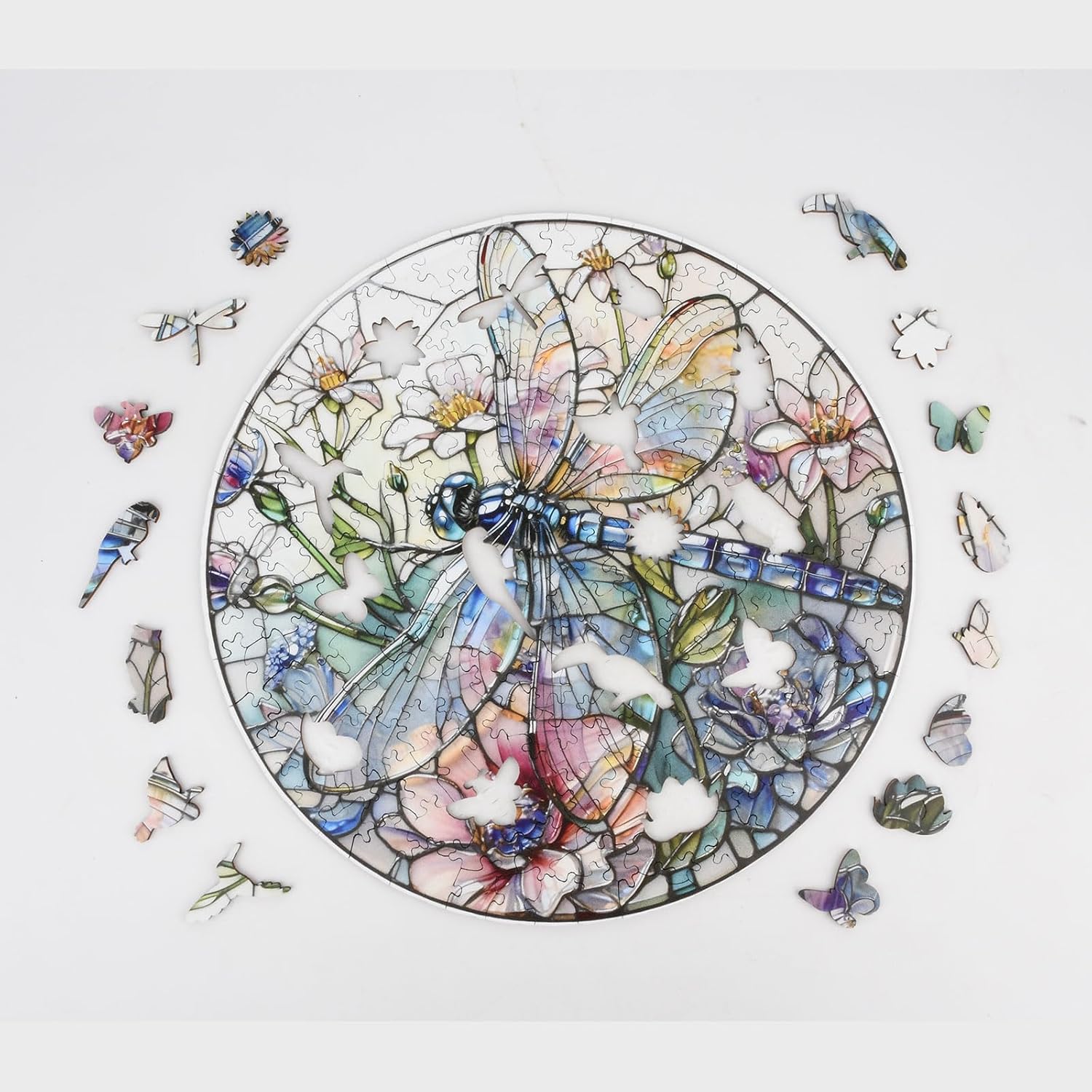 Stained Glass Dragonfly Wooden Jigsaw Puzzle for Adults - 300 Pieces, 13.4" x 13.4" - Unique Spring Insect Art, Creative Gift & Fun Family Game Activity