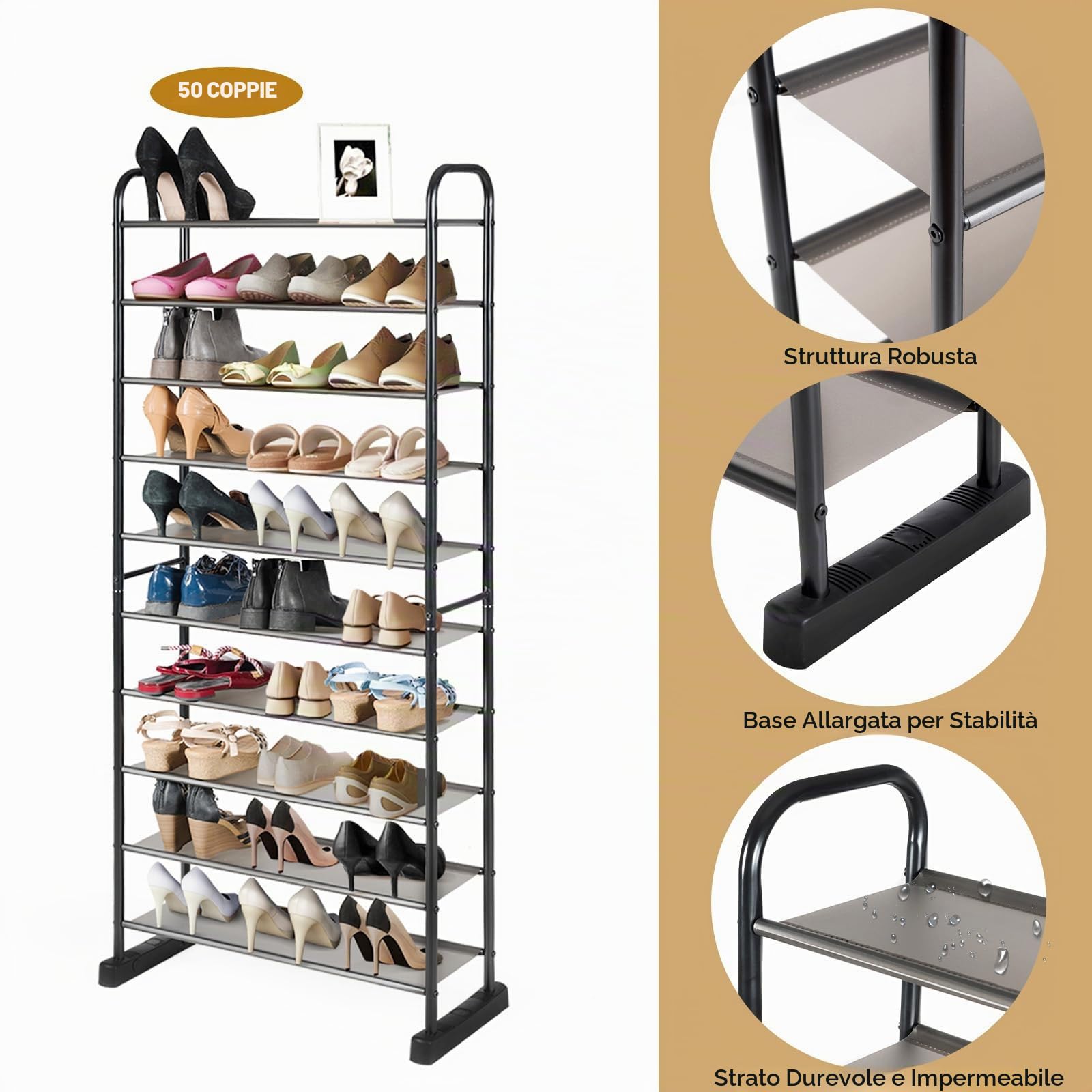 HOMASIS Scarpiera a 10 Ripiani, Scarpiera Salvaspazio, Scaffale Portascarpe in Metallo, Fino a 30 Paia di Scarpe, da Soggiorno, Ingresso, Corridoio, 66 x 29 x 152 cm, Nero