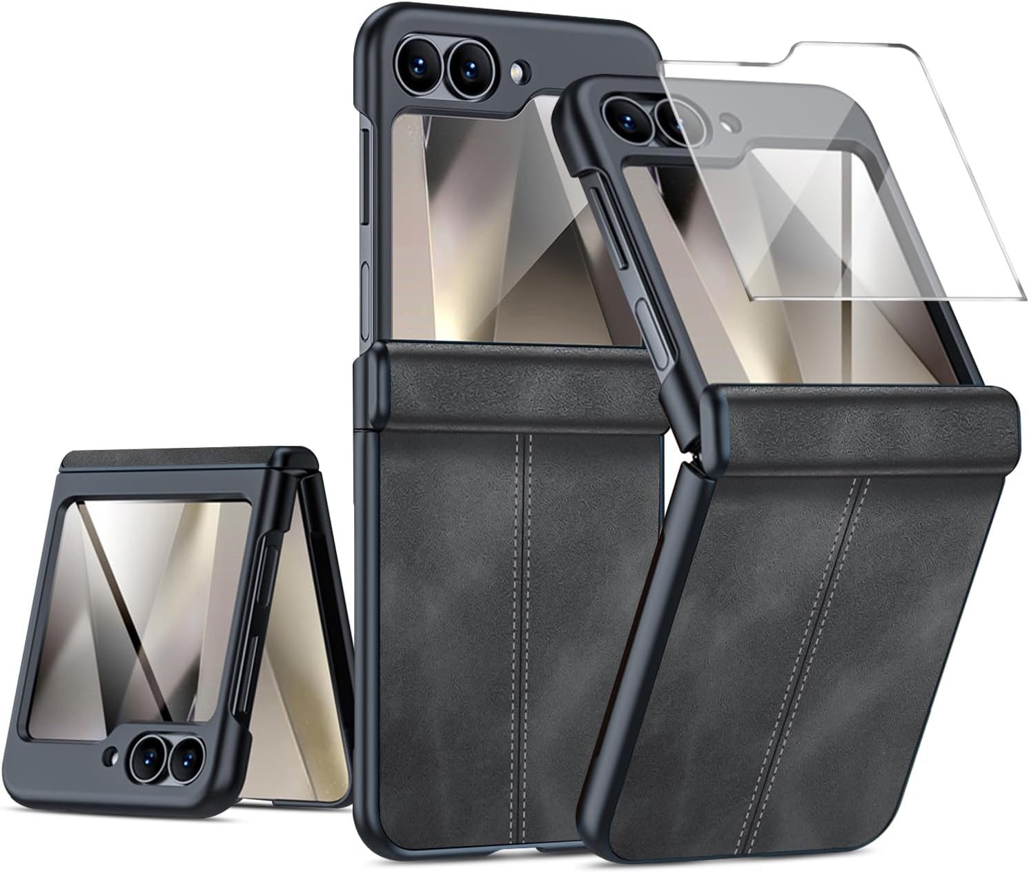 Phone Case for Samsung Galaxy Z Flip 6/Flip 7 FE Leather Case, Fashion Shockproof Cover wwith Hinge PC Protection, Built-in Screen Protection Phone Cover for Z Flip 6/Flip 7 FE Black
