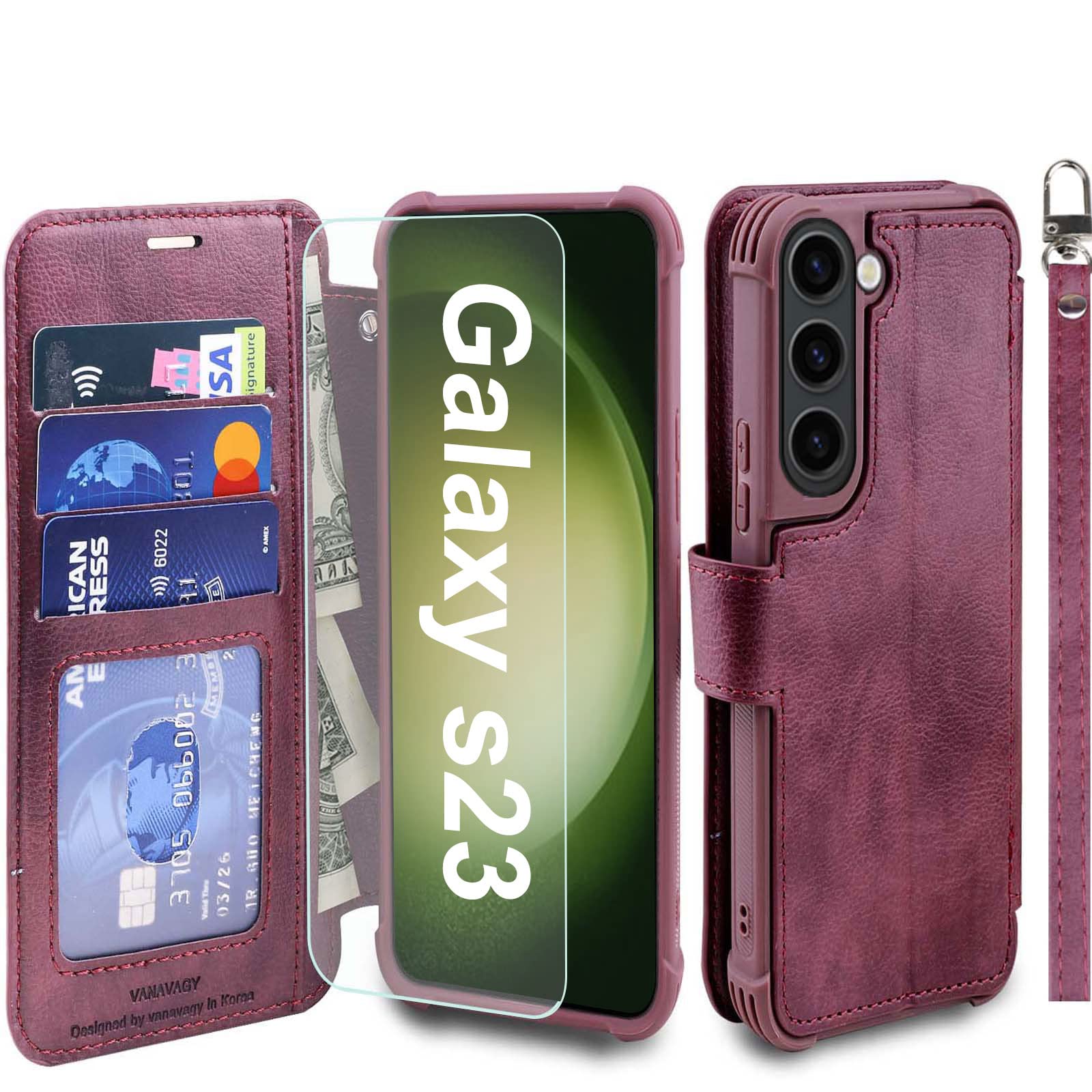 VANAVAGY Compatible for Galaxy S23 Wallet Case, 12ft Drop Protection, RFID Blocking PU Leather Flip Cover