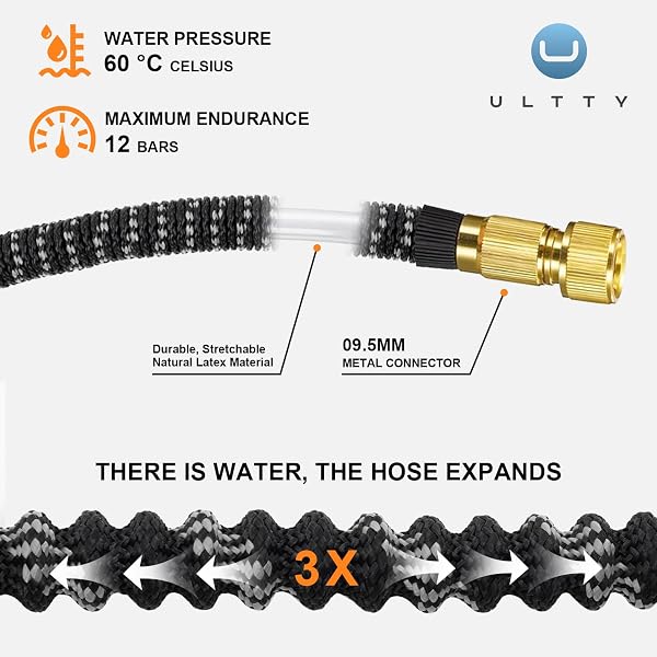 Tuyau d'arrosage 30m, ULTTY Tuyau d’arrosage Extensible avec 1/2" et 3/4" (19mm et 13mm) Adaptateurs, 10 Modes d'Arrosage, Latex Triple Épaisseur Durable avec Raccords en Laiton et Sac, Noir - 2
