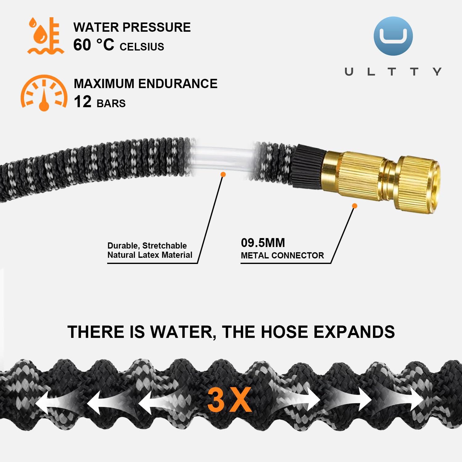 Tuyau d'arrosage 30m, ULTTY Tuyau d’arrosage Extensible avec 1/2" et 3/4" (19mm et 13mm) Adaptateurs, 10 Modes d'Arrosage, Latex Triple Épaisseur Durable avec Raccords en Laiton et Sac, Noir - 3