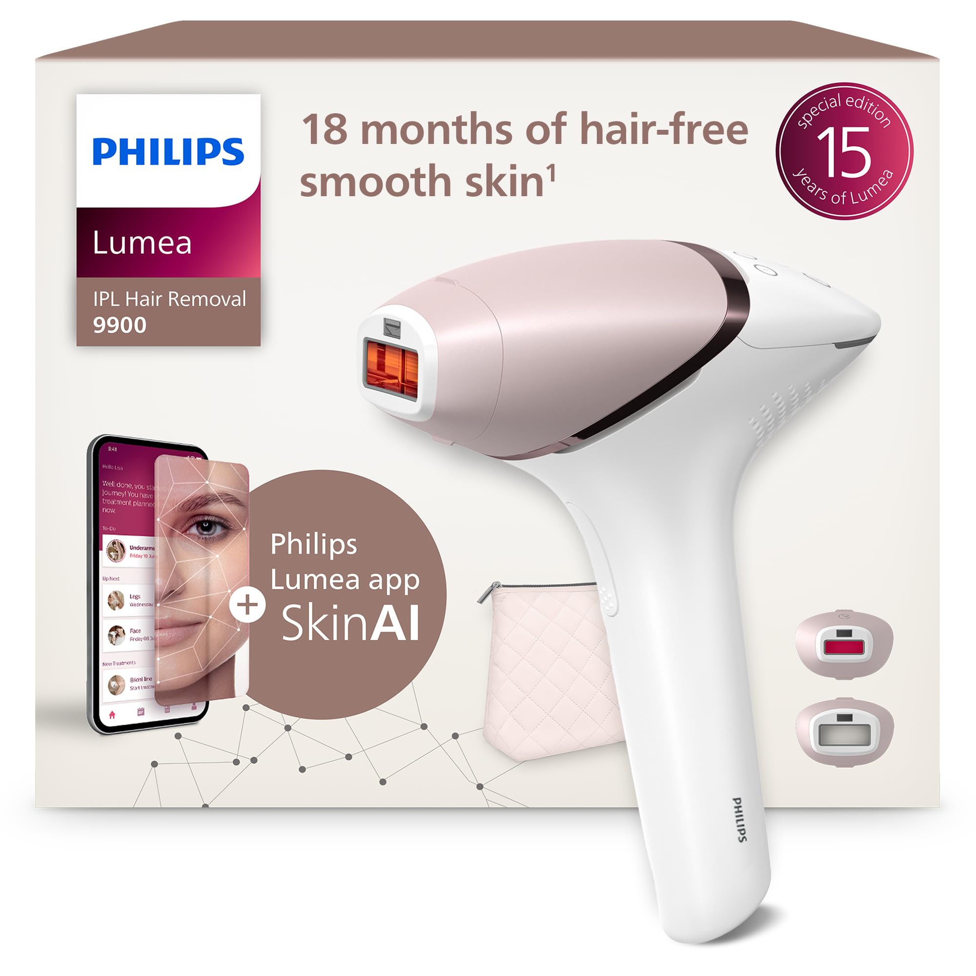 Philips Lumea Serie 9900, dispositivo di depilazione IPL, alternativa alla depilazione laser, tecnologia SenseIQ e SkinAI, 2 accessori per corpo e viso, BRI950/02