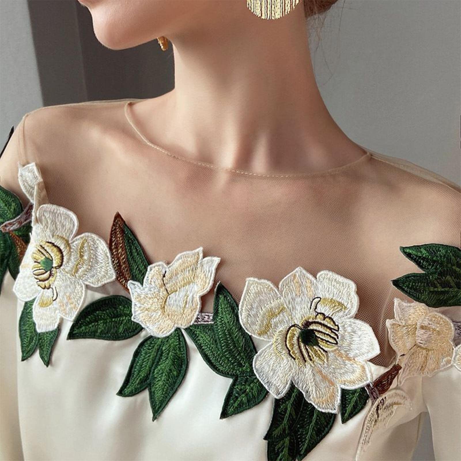 Siatkowa patchworkowa satynowa haftowana koszula damska latarnia rękaw vintage bluzka damska na co dzień topy moda nowe eleganckie bluzki