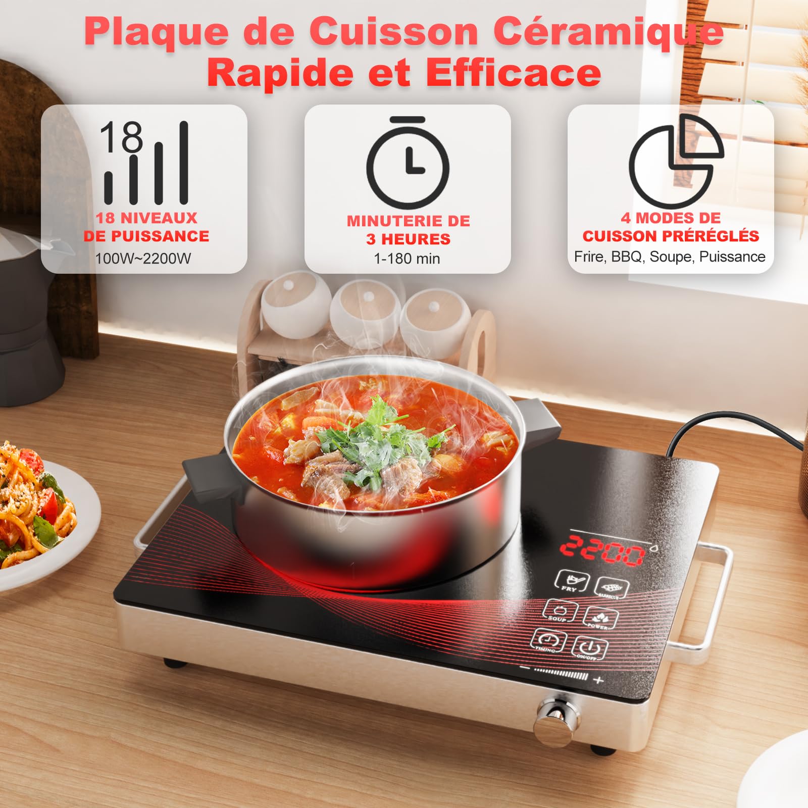 Plaque de Cuisson Électrique 1 Feu 2200W – Plaque Vitrocéramique Portable pour Camping et Cuisine, Chauffage Rapide et Économique plaque de cuisson vitrocéramique 1 feu