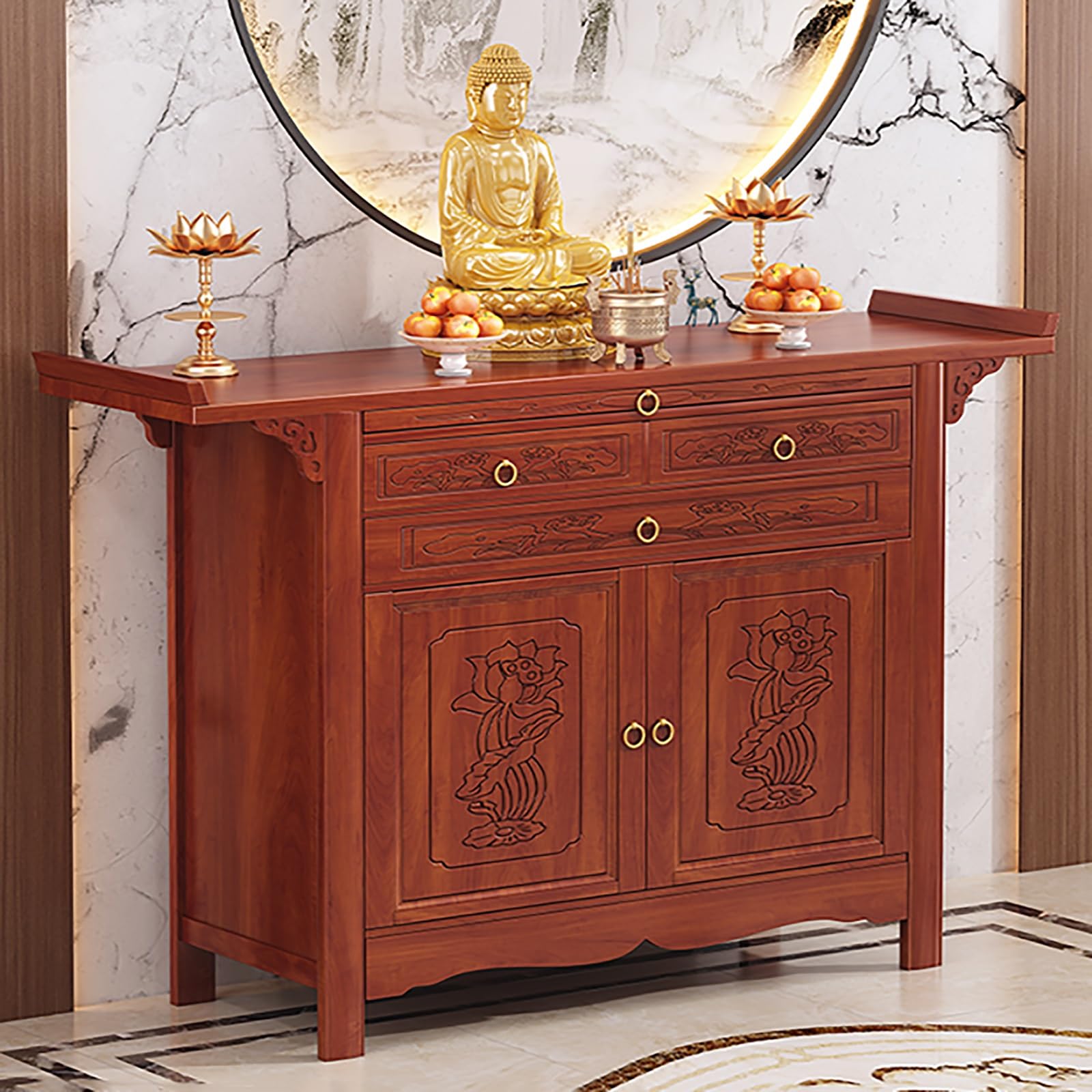 JNTFNE Bamboo Meditation Altar Table with Storage, Chinese Pooja Cabinet, Offering Drawer, Buddhist Shrine for Living Room, Small Spaces(108cm/42.5in)