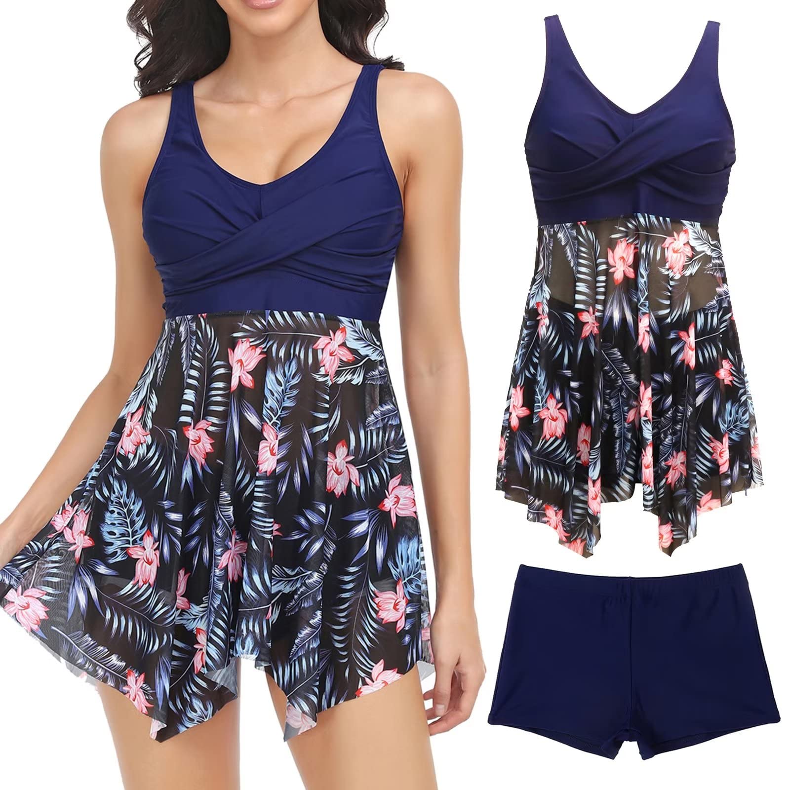 SINBRLAI Tankini Swimwear for Women Tummy Control Swimsuit Layered Flounce 2 Pieces Bathing Suits with Boyshort S-2XL