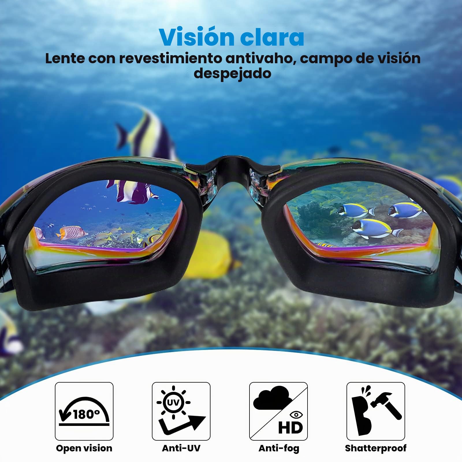 Gafas de Natación Unisex Adultos UV Protegido Espejo Gran Angular 180° Antivaho Buceo con Estuche