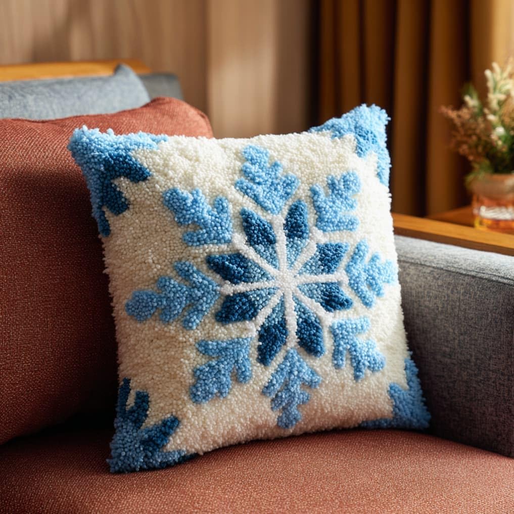 WallustrioaW Latch Hook Kit Cushion Latch Hook Kit Snowflake DIY Pillow Materials Package 43Cmx43Cm DIY Hooks Knitted Embroidered Carpet Pillow Embroidery