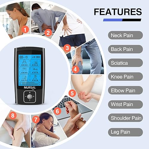 Miniatura 4 de NURSAL TENS Unidad con 12 almohadillas de repuesto, máquina estimuladora muscular para cuello, espalda, alivio del dolor de ciática, masajeador de