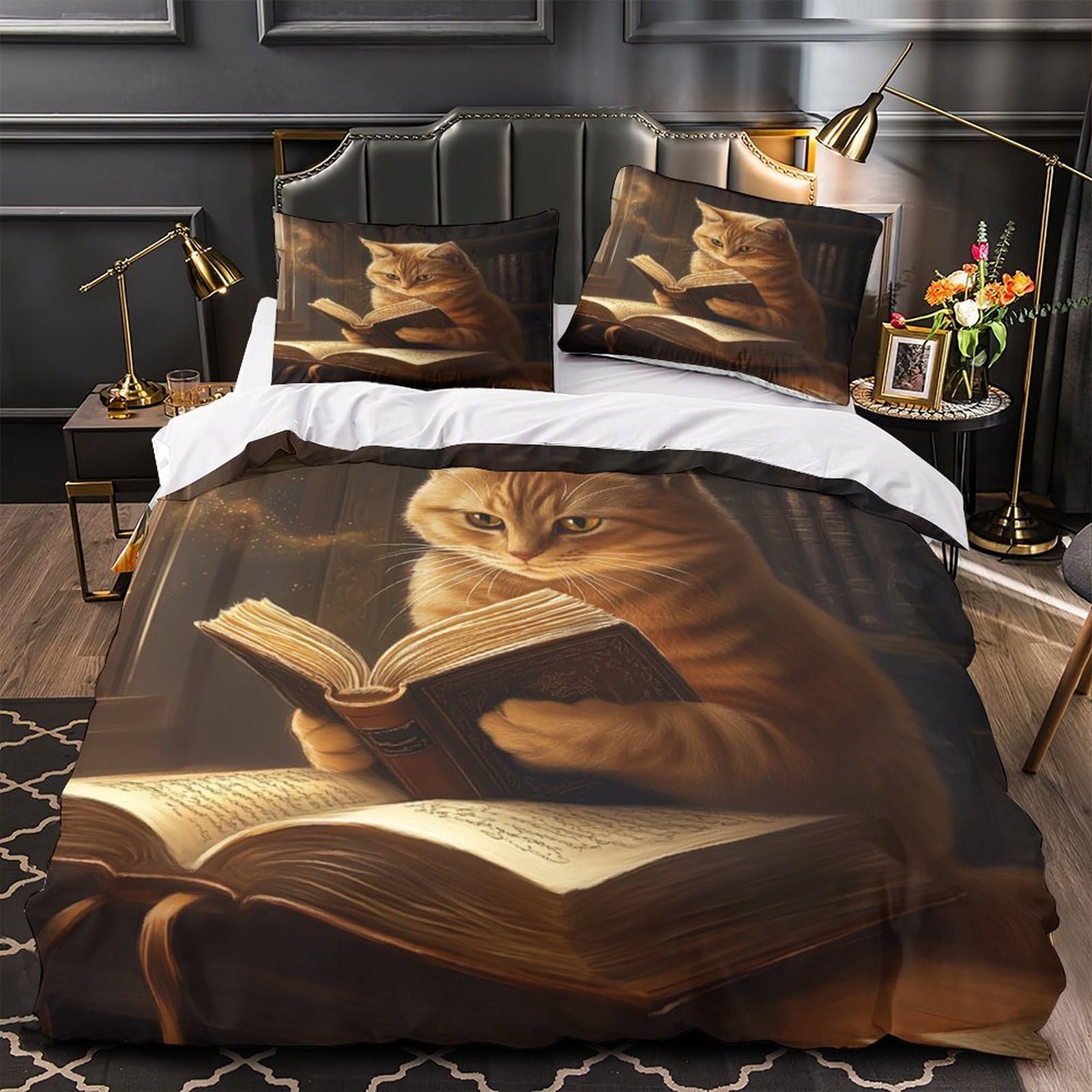 Leggere la fantasia dei gatti Impressione 3D 3 pz fodera per edredone Libresco felino capriccioso coperteletto microfibra ipoallergenica antiacari per bambini ragazze donne Double（200x200cm）