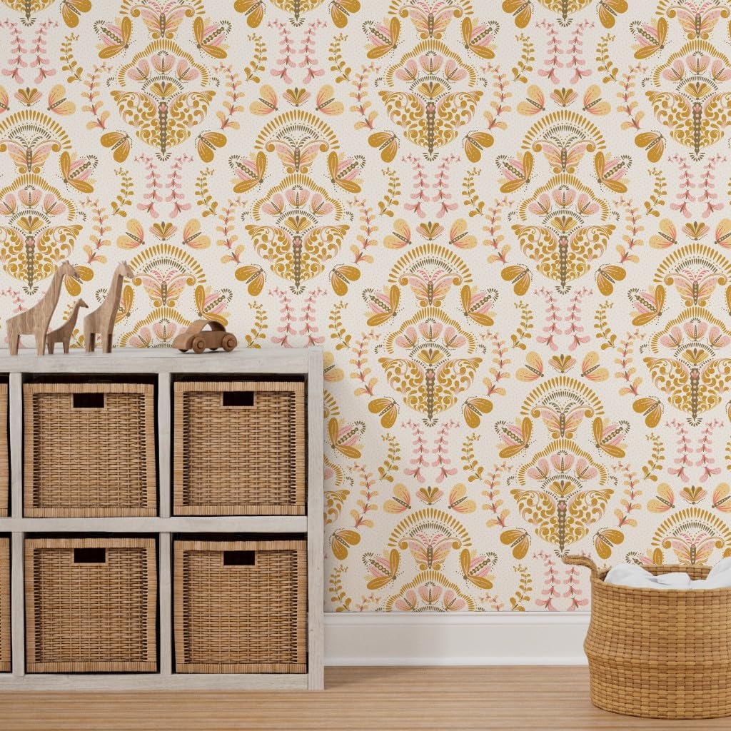 Peel & Stick Wallpaper 3ft x 2ft - Gold Butterfly Light Pink Whimsical Damask Feminine Floral Garden Custom Removable Wallpaper by Spoonflower