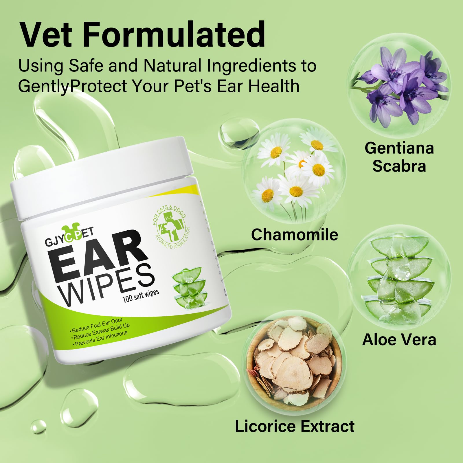 Pulizia orecchie cane, Salviette per le orecchie dei cani, per cani e gatti per il controllo degli odori, 100 salviette per le orecchie del cane, Rimuove l'odore e lo sporco dalle orecchie del cane