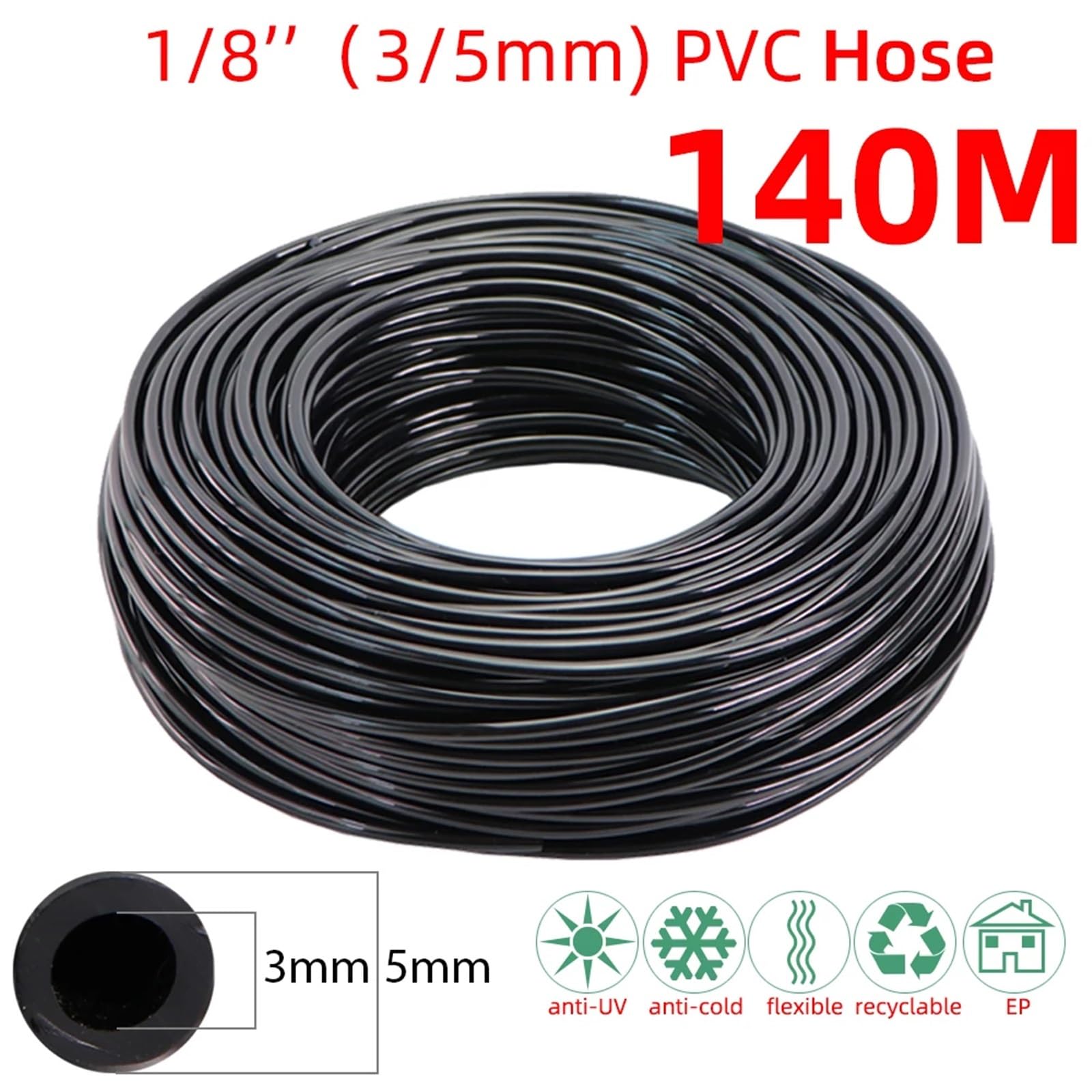 Manguera De Pvc Manguera de riego de jardín de 5M-140M, tubo suave de PVC de 1/8 '', 1/4'', 3/8'', tubo de riego por microgoteo, tubería de flores for plantas de agua(Tx140M)