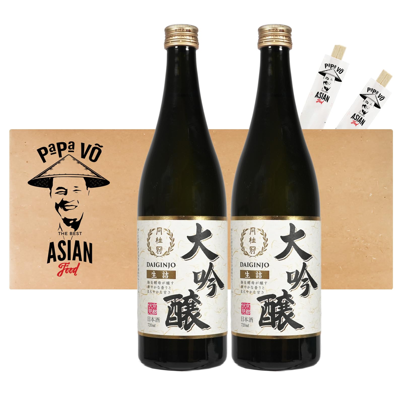 2er Pack (2x720ml) Gekkeikan Daiginjo Nama Tsume Sake 15,5% vol. + 2 Papa Vo Essstäbchen