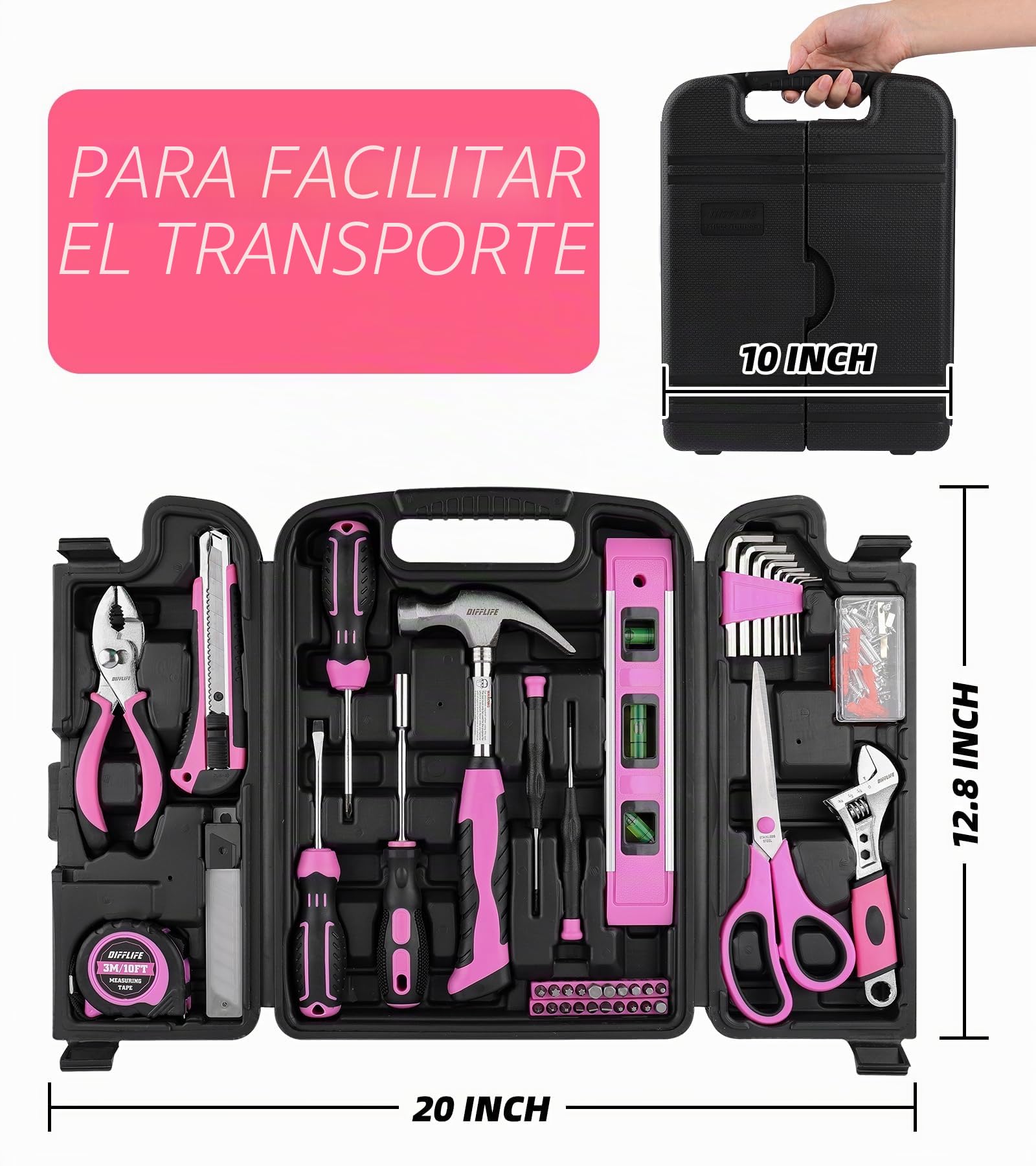 Juego de herramientas rosas, 131 piezas, juego de herramientas rosas para mujer, kit de herramientas manuales para el hogar con caja de herramientas de plástico (rosa)