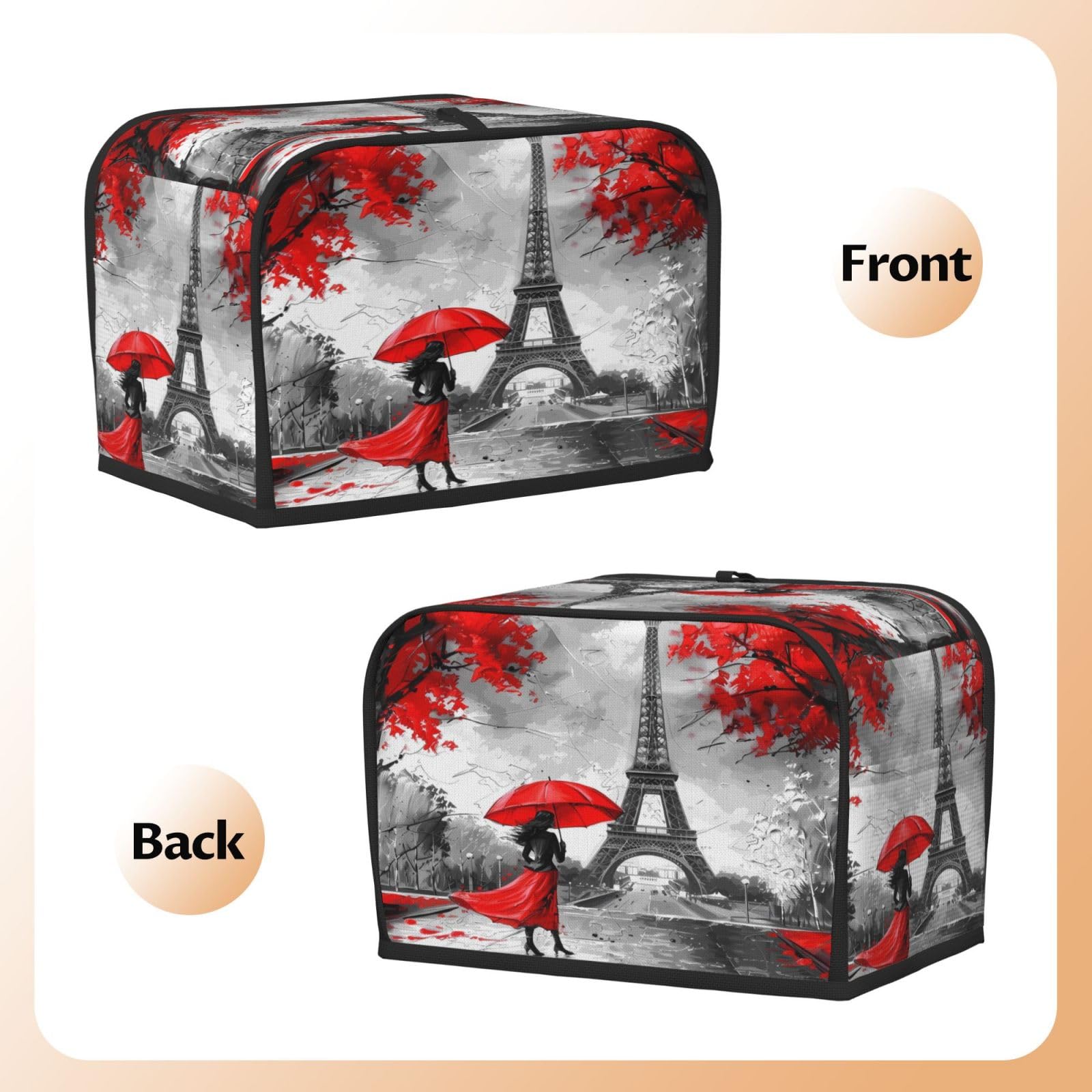 Red Leaf Eiffel Tower Toaster Cover 2 Slice Wide Slot Dustproof Waterproof Kitchen Appliance Covers with Hanging Loop Bread Baker Toaster Protector 3