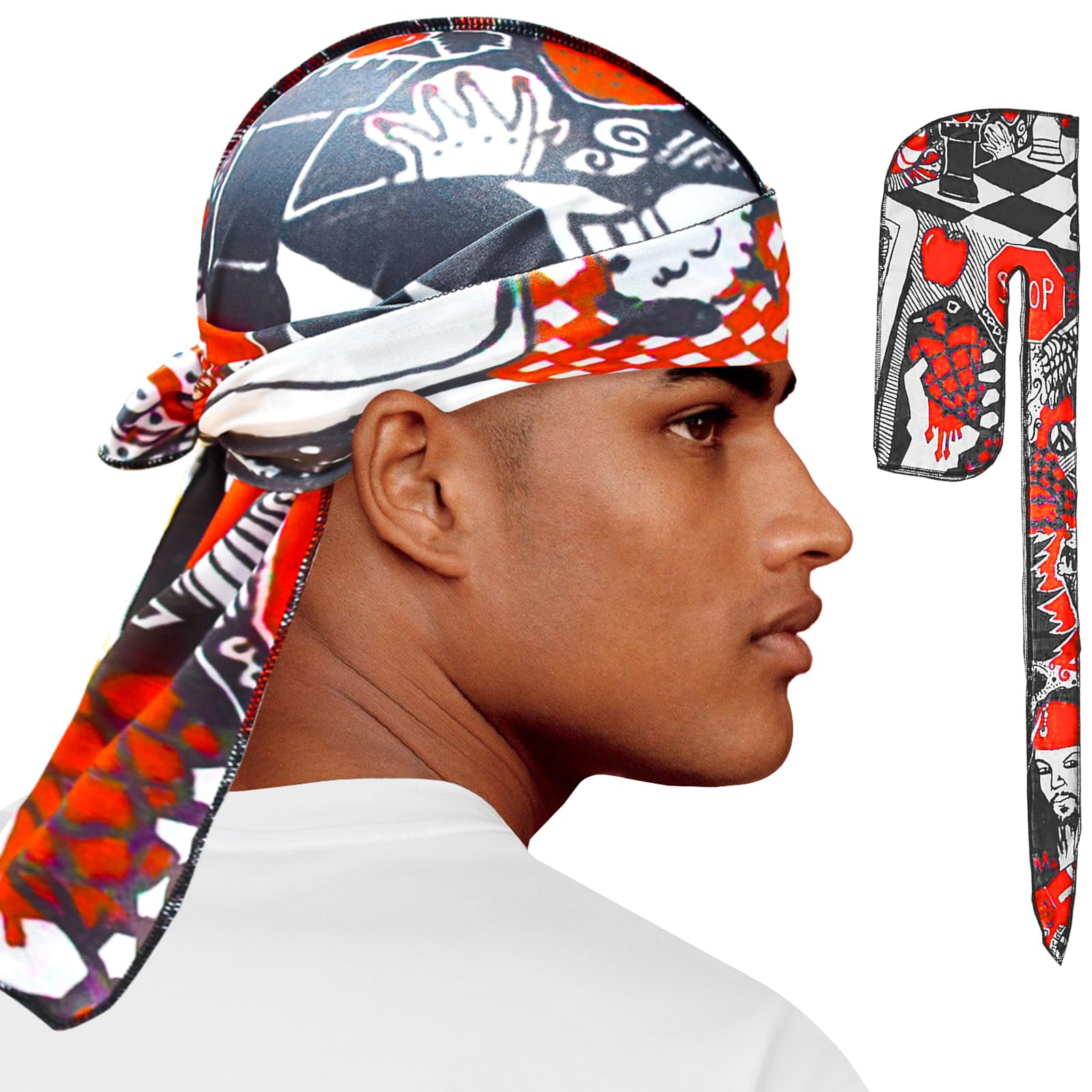 Silk Durag for Men Women, Printed Do Rag with Long Tail Durag Hip Hop Satin Bandana Hat Satin 360