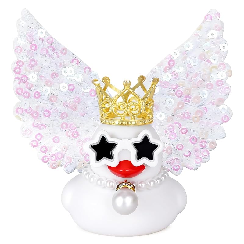 Pato de Borracha Decorativo para Painel com Asas com Glitter, Coroa, Óculos de Estrela e Colar de Pérolas BOZILY White4 — 1 unidade