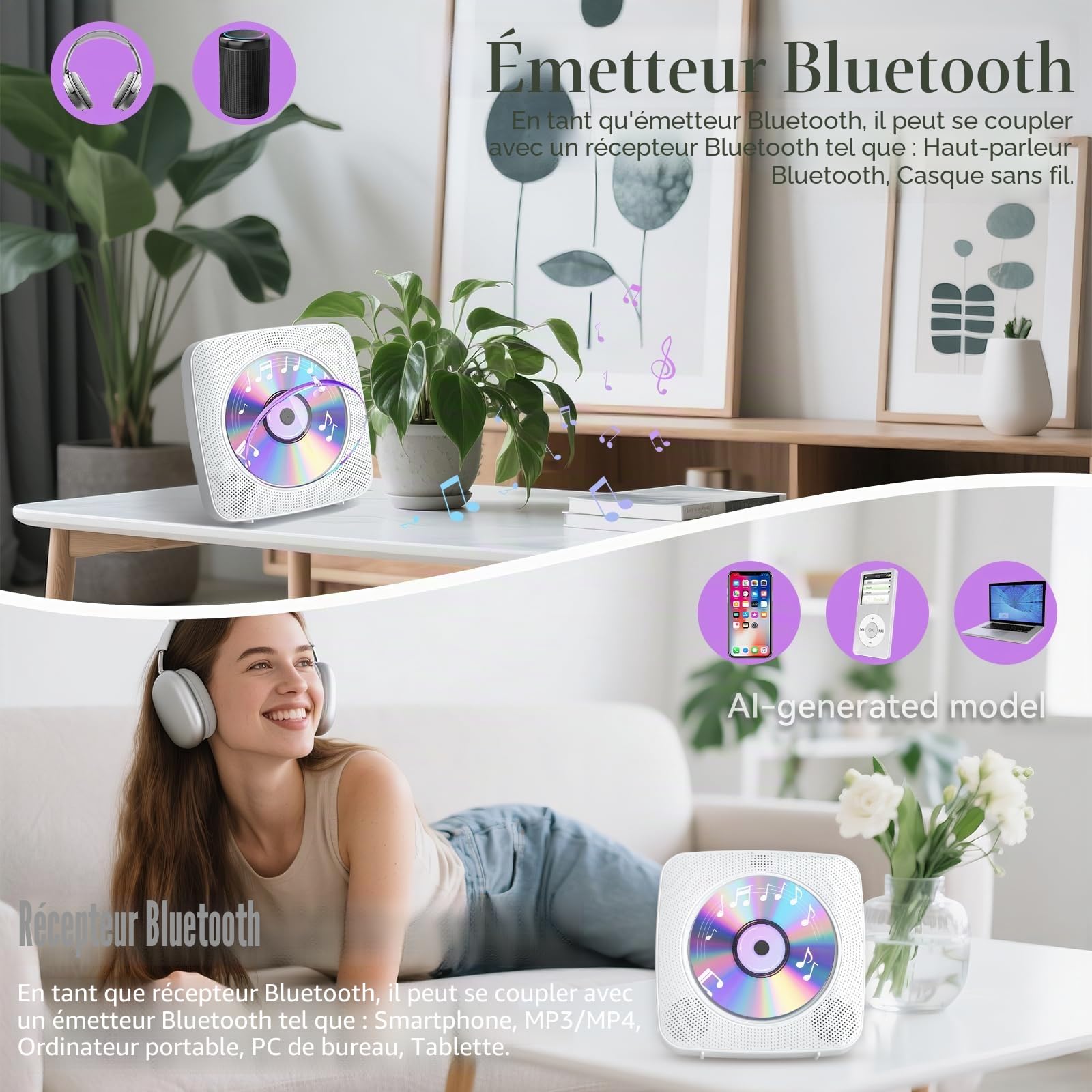 Gueray Lecteur CD Portable Bluetooth 1800mah Lecteur CD de Bureau pour la Maison Lecteurs CD avec Deux Haut - parleurs Télécommande Housse Anti-poussière Affichage Radio FM Minuterie USB Aux-Blanc