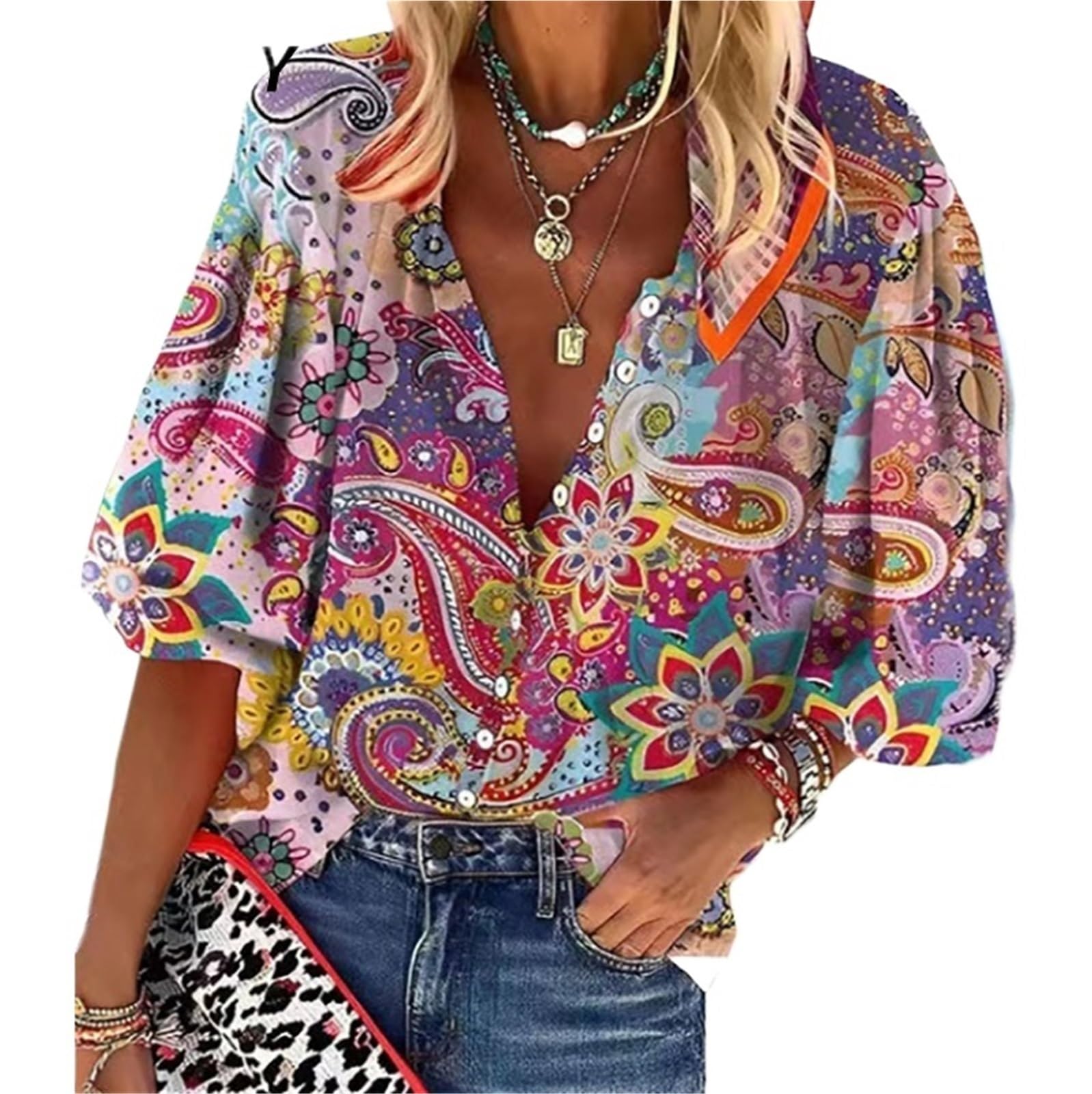 Blusas Casuales de Primavera y Verano for Mujer, Camisas con Cuello en V y Mangas 3/4 con Botones, Blusas Vintage for Mujer
