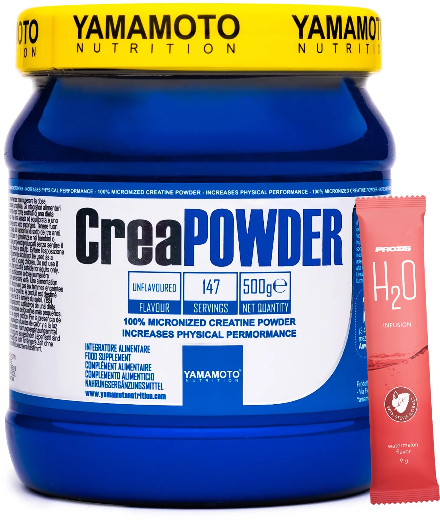 YAMAMOTO CreaPowder 500 gr + H2o Prozis Omaggio - creatina monoidrato purissima, no Glutine no Lattosio, 1 item