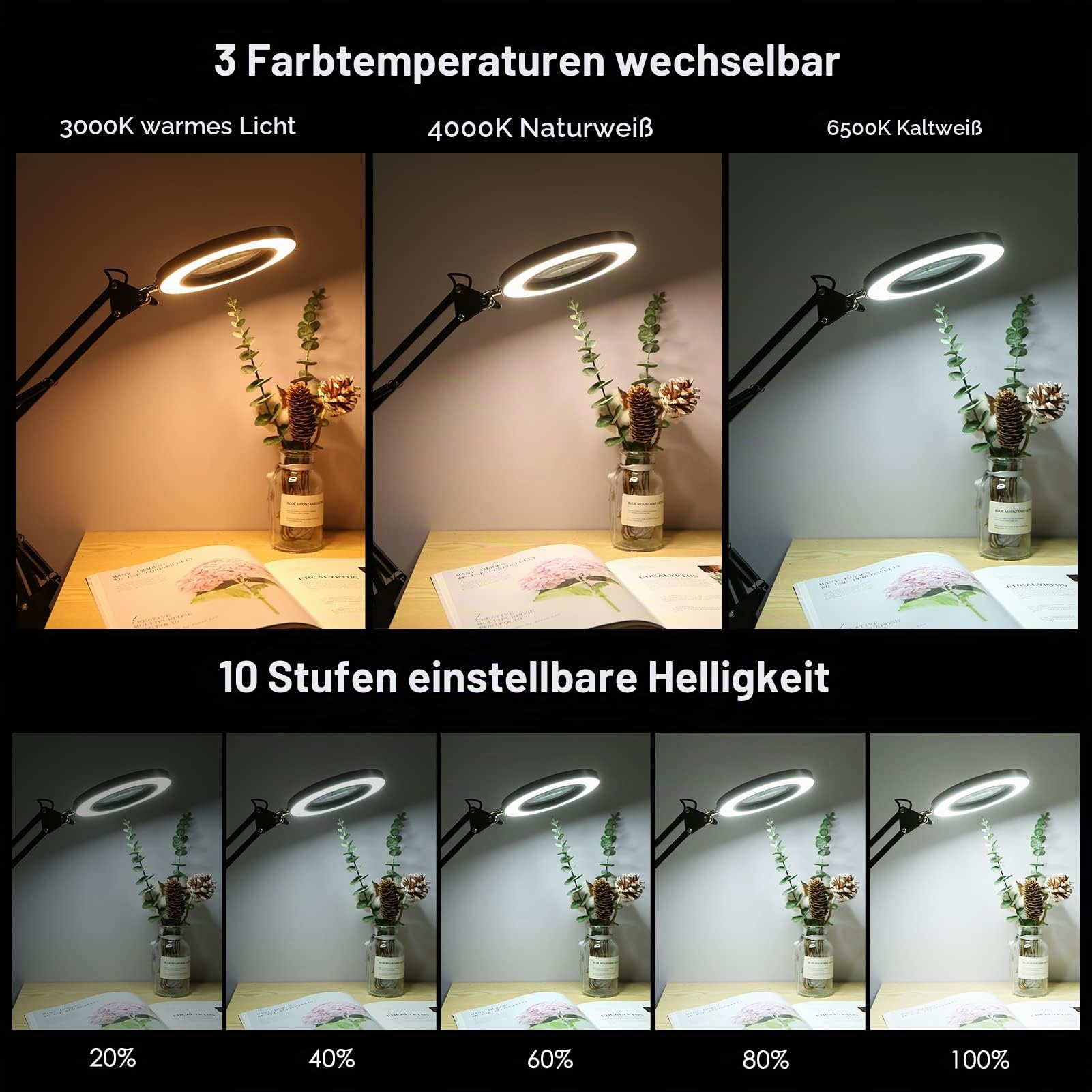 Neoglint Lupe mit Licht,Lupenlampe 8-fache Lupe,64 Dimmbare LED,12W 1200LM,3 Farbmodi,10 Helligkeitsstufen,Schwenkarm und Klemme,Lupe mit Licht und Ständer Kosmetiklampe Led Lupenleuchte-Klein Schwarz