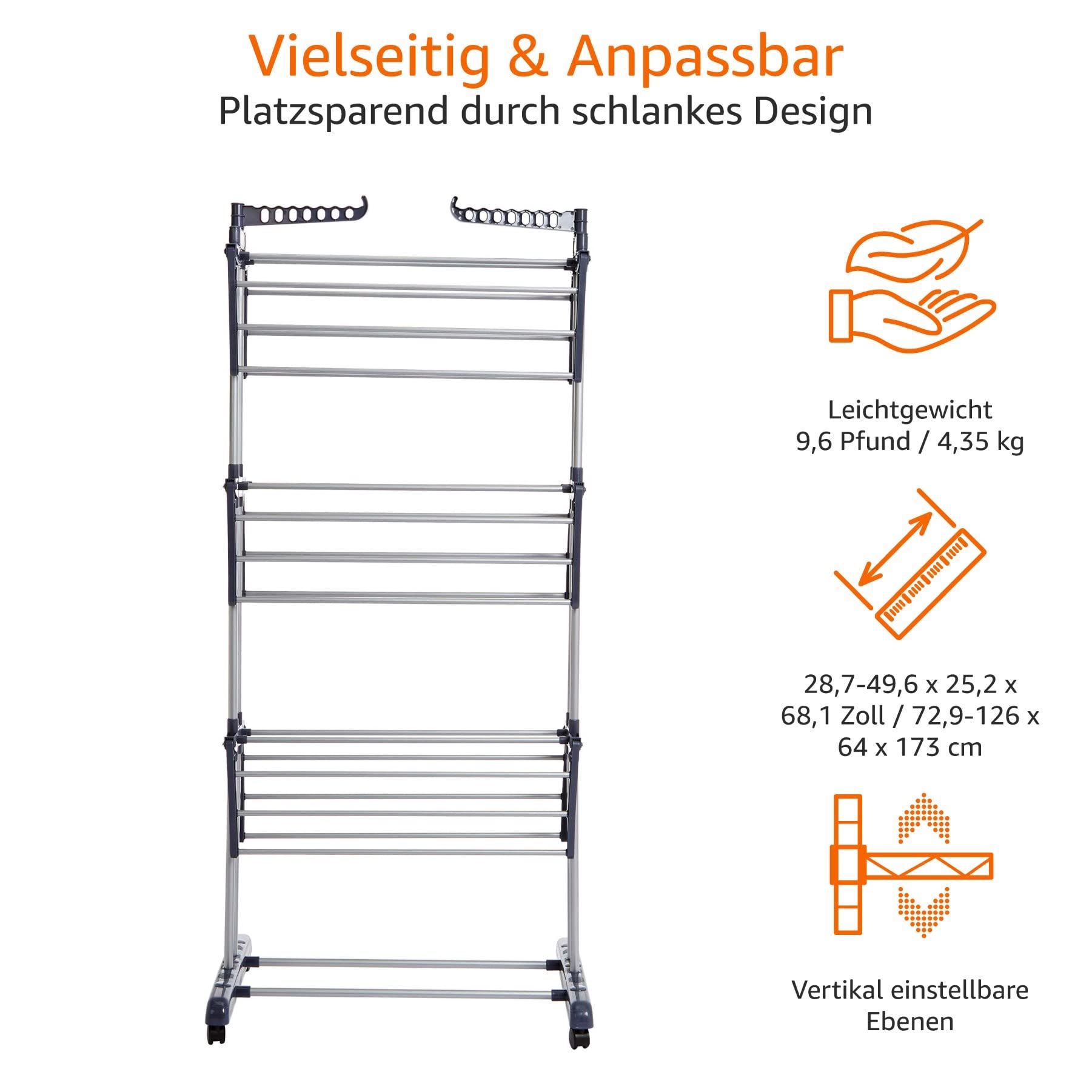 Amazon Basics Turm-Wäscheständer für innen mit faltbaren Flügeln, Garten, Grau, 4-stufig, 126 x 64 x 173 cm (L x W x H)