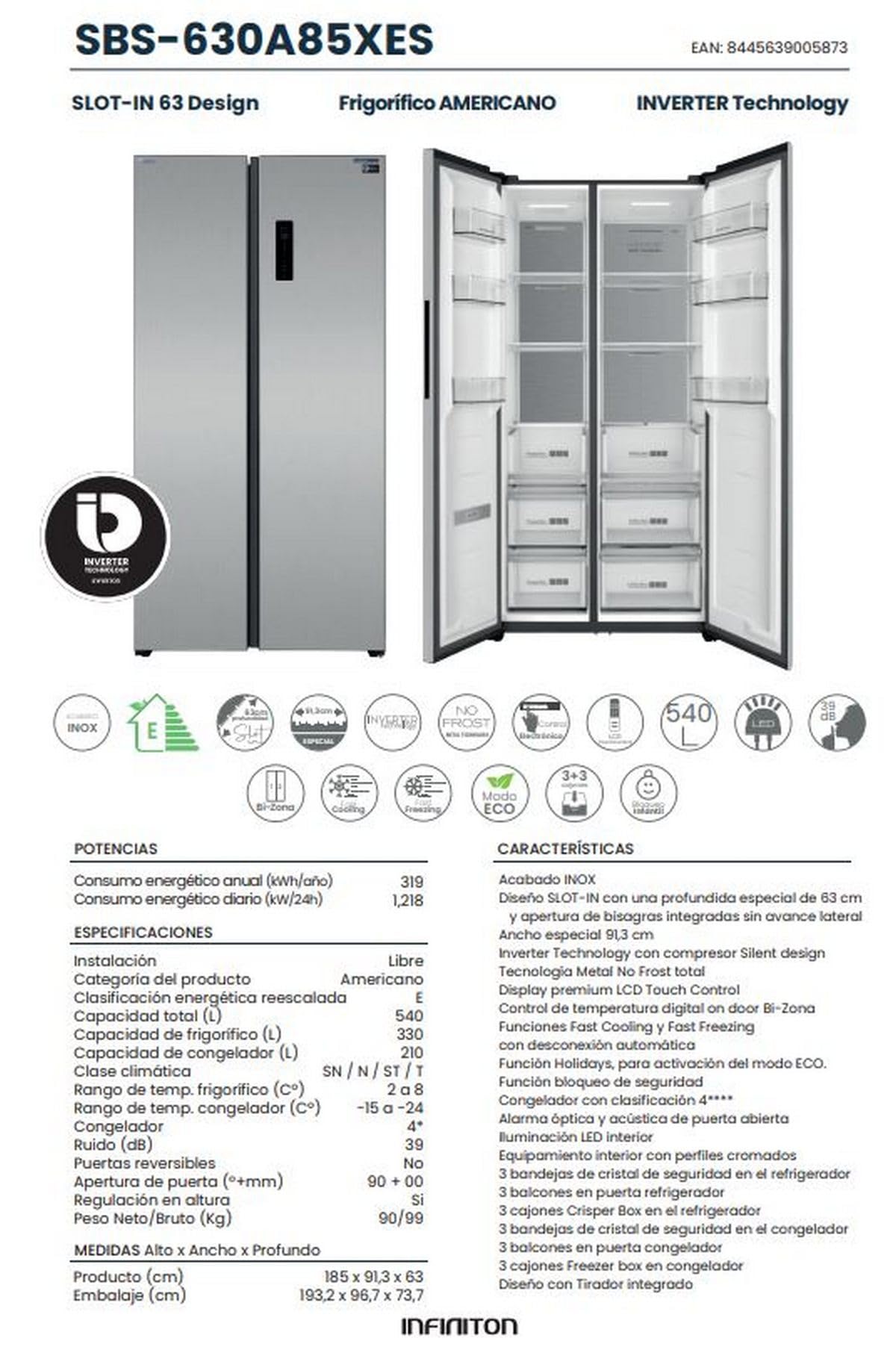 Frigorifico Americano Infiniton SBS-630A85XES, 185 cm de Altura, 540 Litros, E, No Frost Total, E, Doble puerta con cierre magnético, Patas regulables en altura, Inox