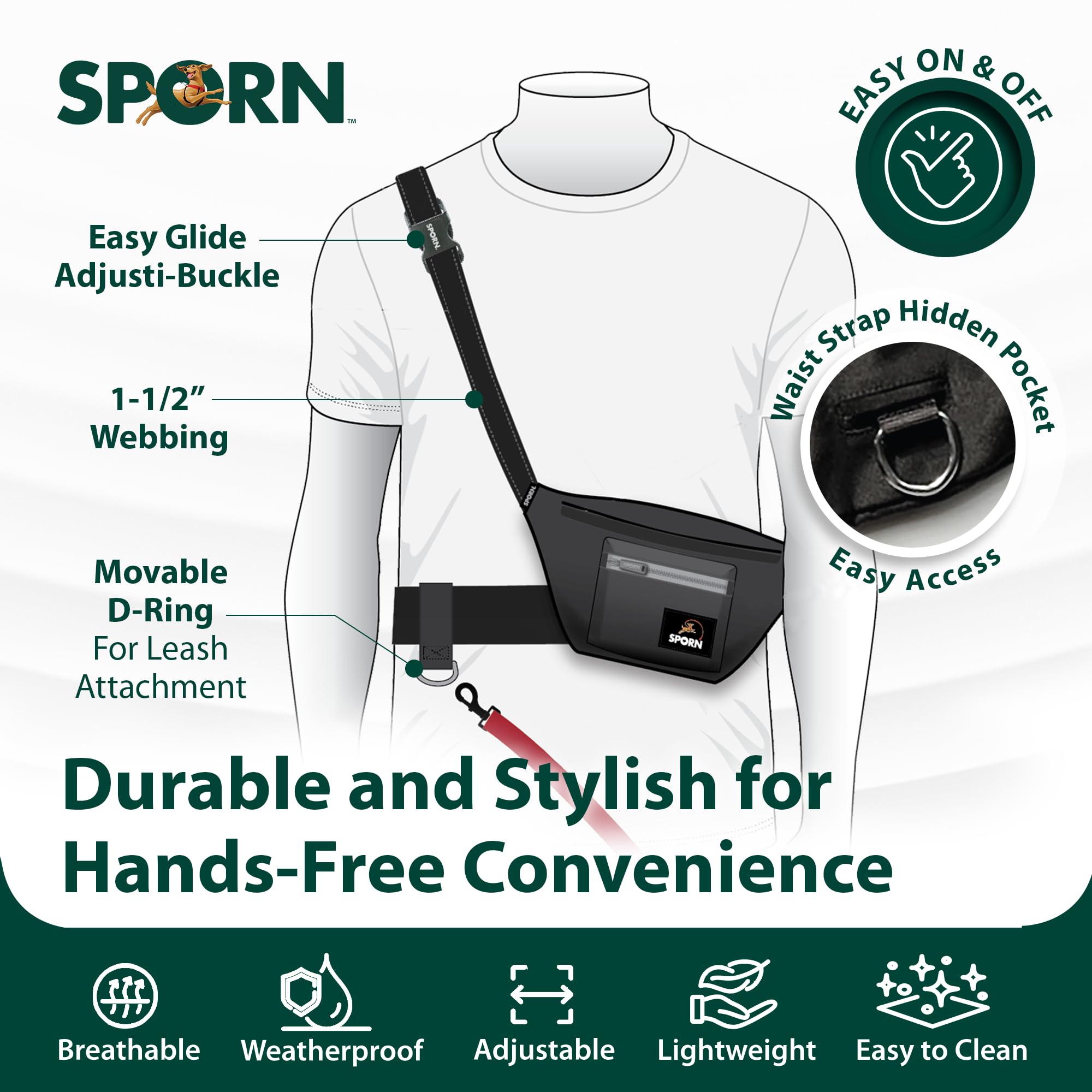 Sporn Sling-to-Belt – Pochette de dressage pour chien, sac à friandises respirant à double couture, sac banane pour la marche, la randonnée et la course à pied, supporte plus de 200 kg, noir