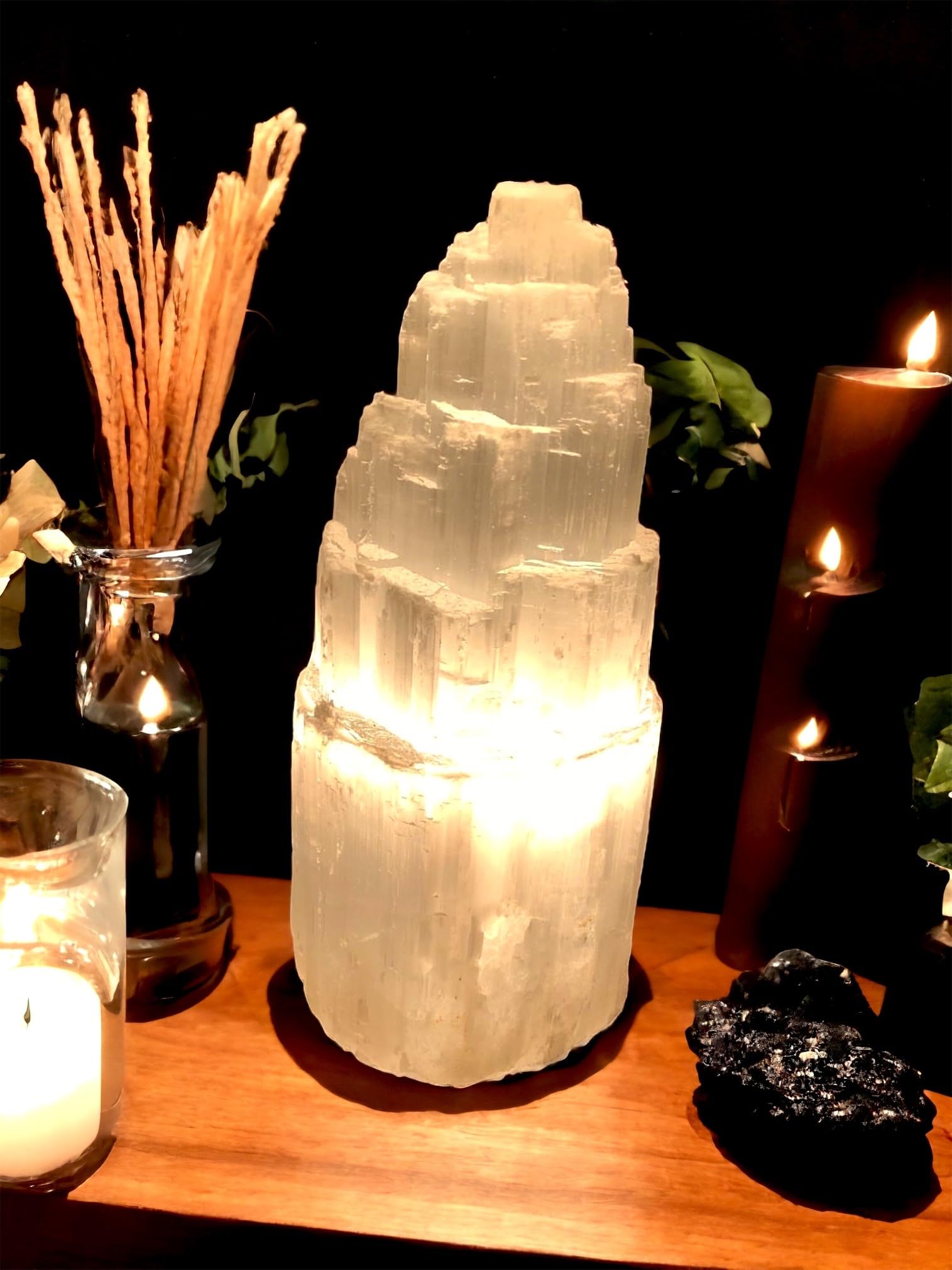 vingardium leviosa Pure Selenite Crystal Natural Light Mountain Tower Lamp Handmade Natural Energy Healing Clarity and Meditation Lamp Home Decoration TableLamp Mineral Christmas Occasion Gift (25cm) - Image 4