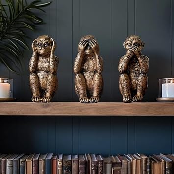 3 Wise Monkeys Statue Set - Hear No Evil,See No Evil,Speak No Evil - Decorative Monkey Resin Figurines for Home and Office - Artistic Home Déco - Bronze Coating Option