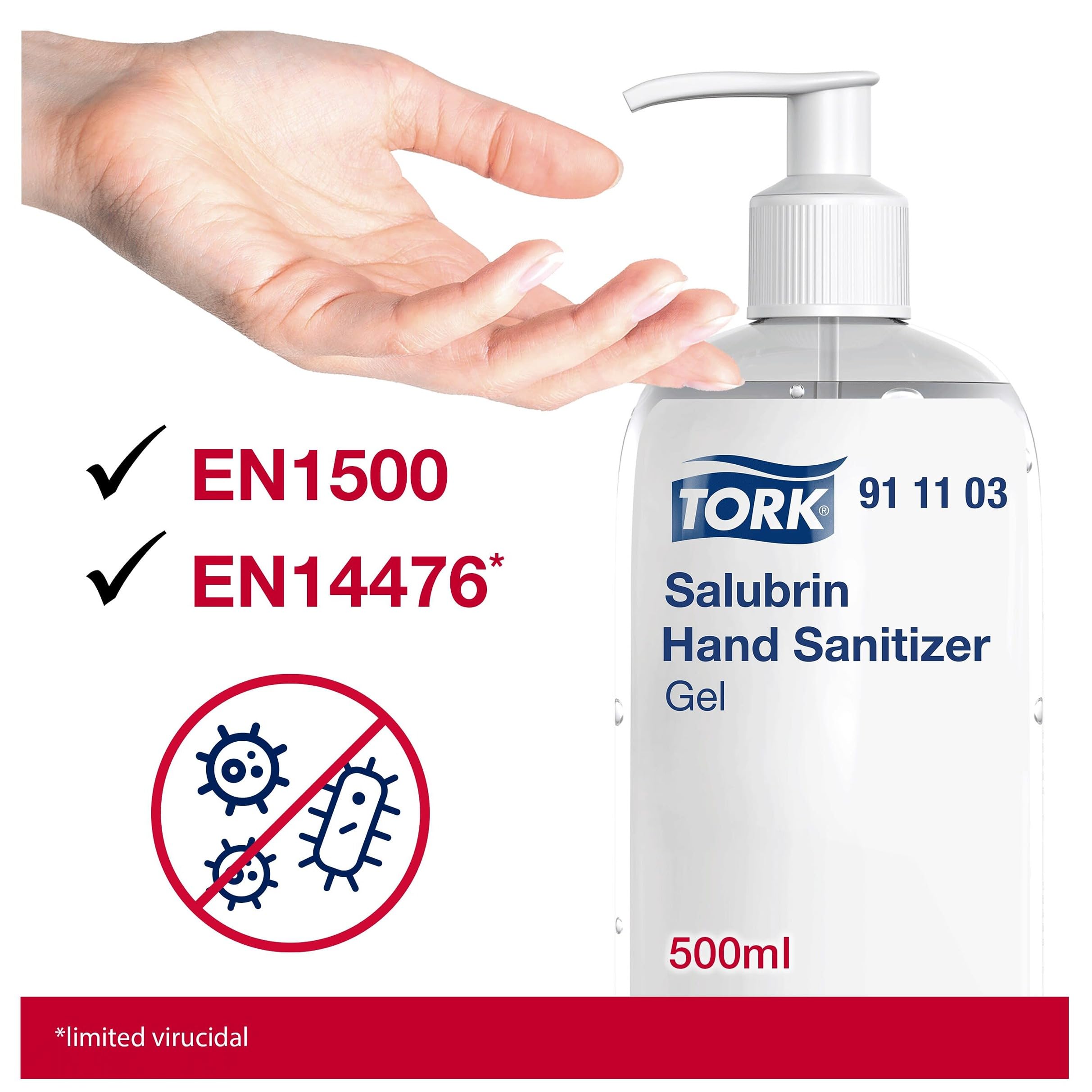 Tork Feuchtigkeitsspendendes Salubrin Händedesinfektionsgel Pumpflasche, EN 1500 und EN 14476, 8 × 500 ml, 911103