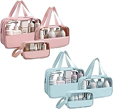 Travel Toiletry Pouch for Women & Men, Portable Cosmetic Organizer Bag for Full-Sized Shampoo, Brushes Set, Toys, Stationery, Bathroom & Makeup Accessories (Pink+Blue, 3 pcs Set)