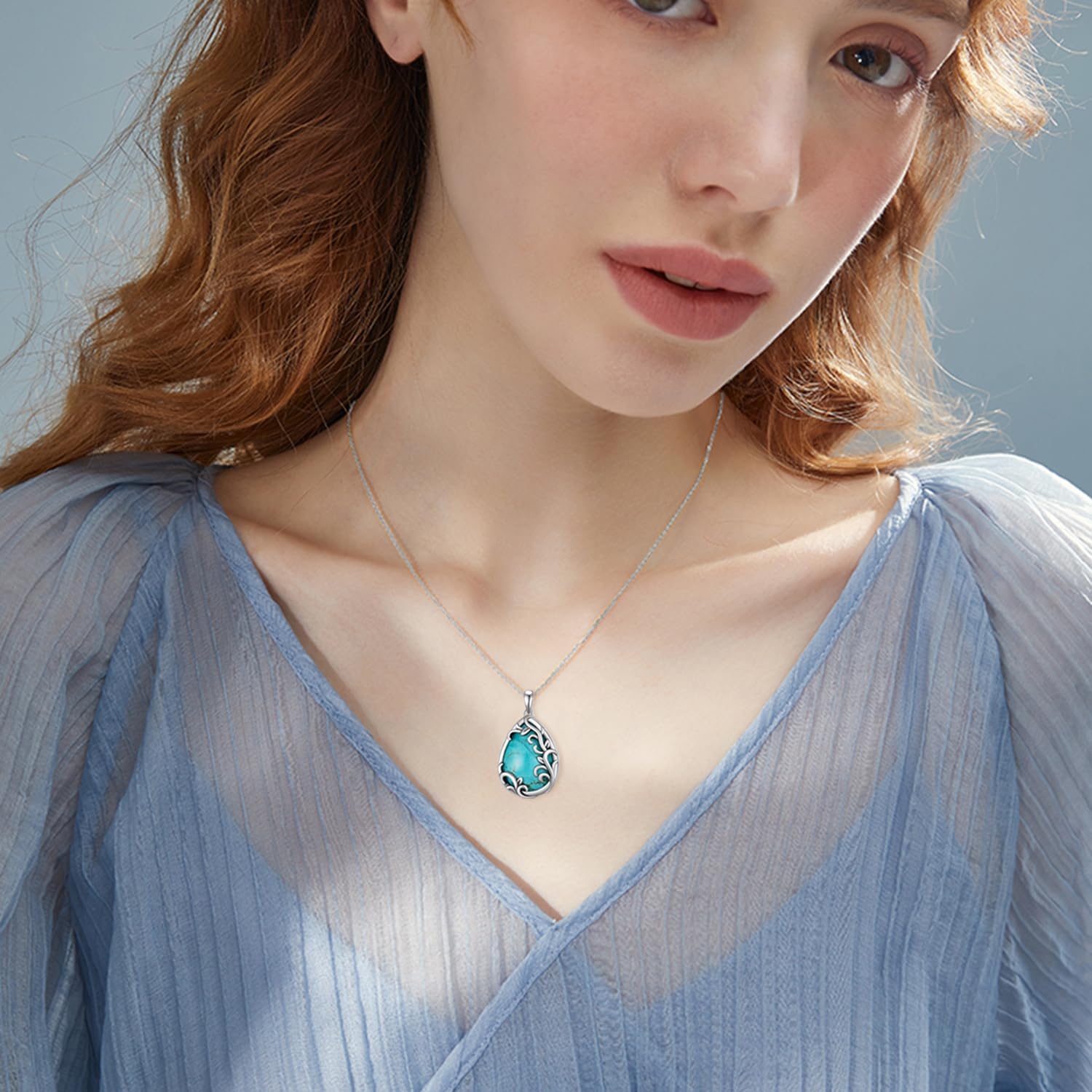 Teardrop Turquoise Necklaces 925 Sterling Silver Filigree Necklaces Pendant Genuine Natural Turquoise Jewelry Anniversary Birthday Gift for Women - Image 5